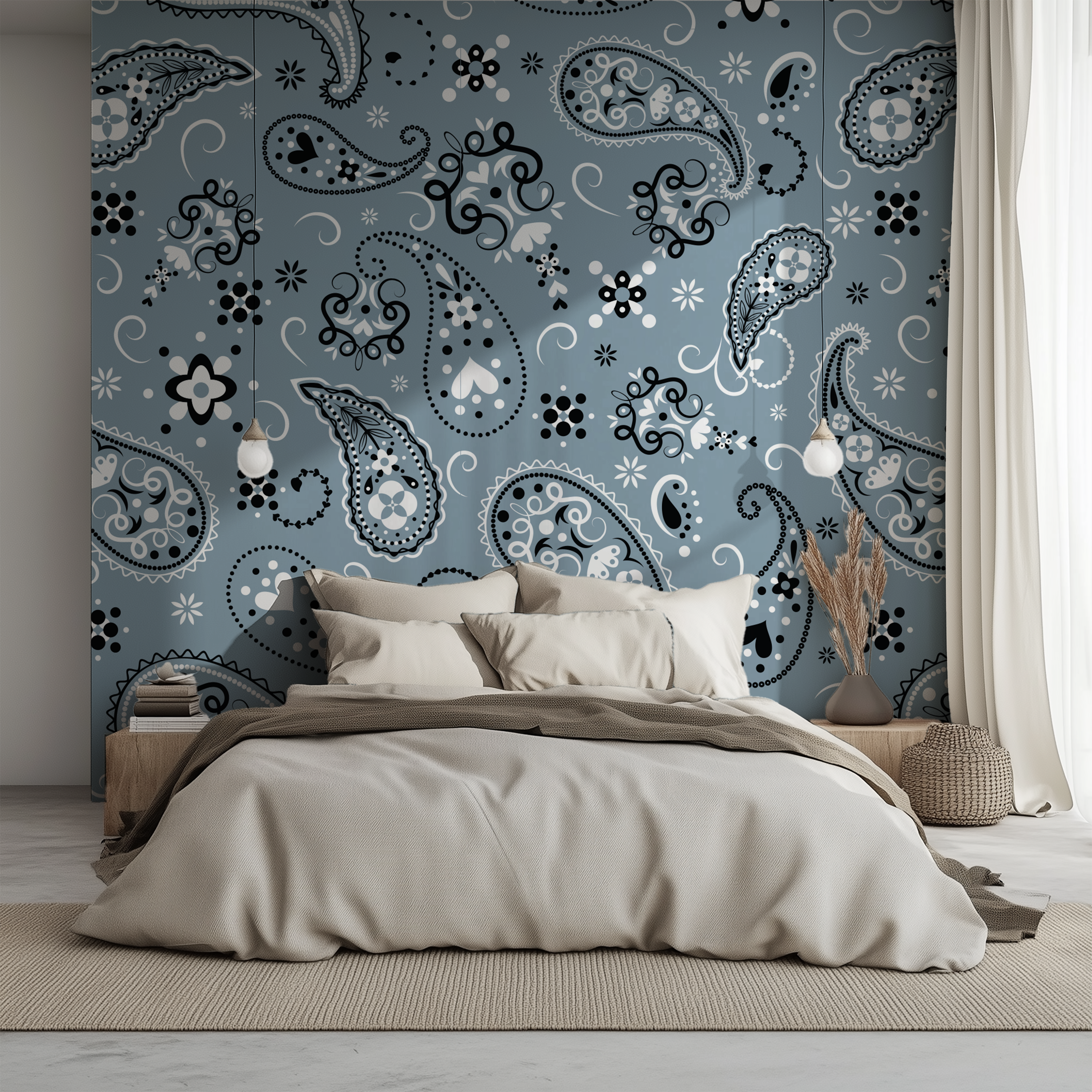Paisley Slate Blue Bandana Wallpaper featured behind a modern bed with soft neutral bedding.