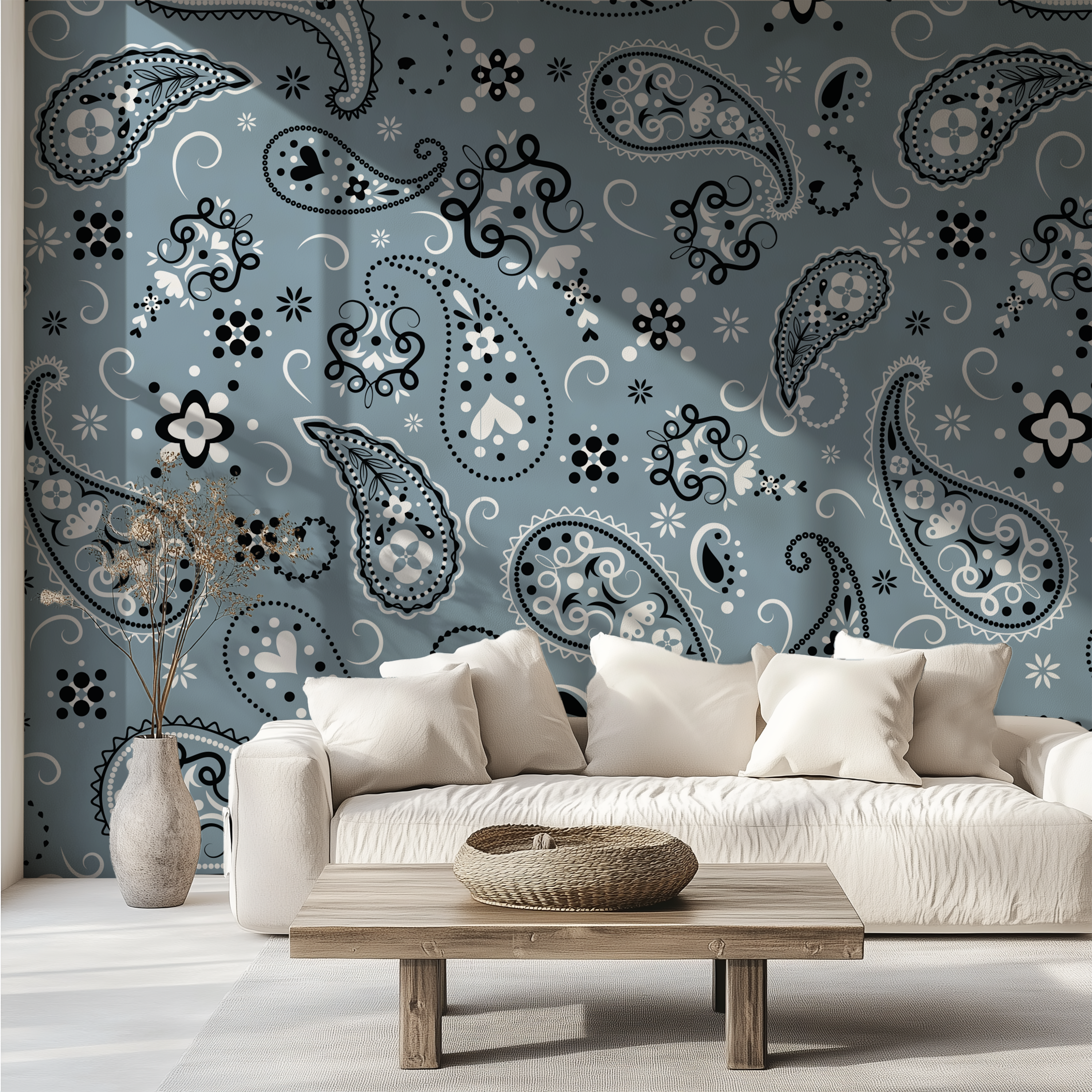 Paisley Slate Blue Bandana Wallpaper paired with a contemporary white sofa and natural wood coffee table.