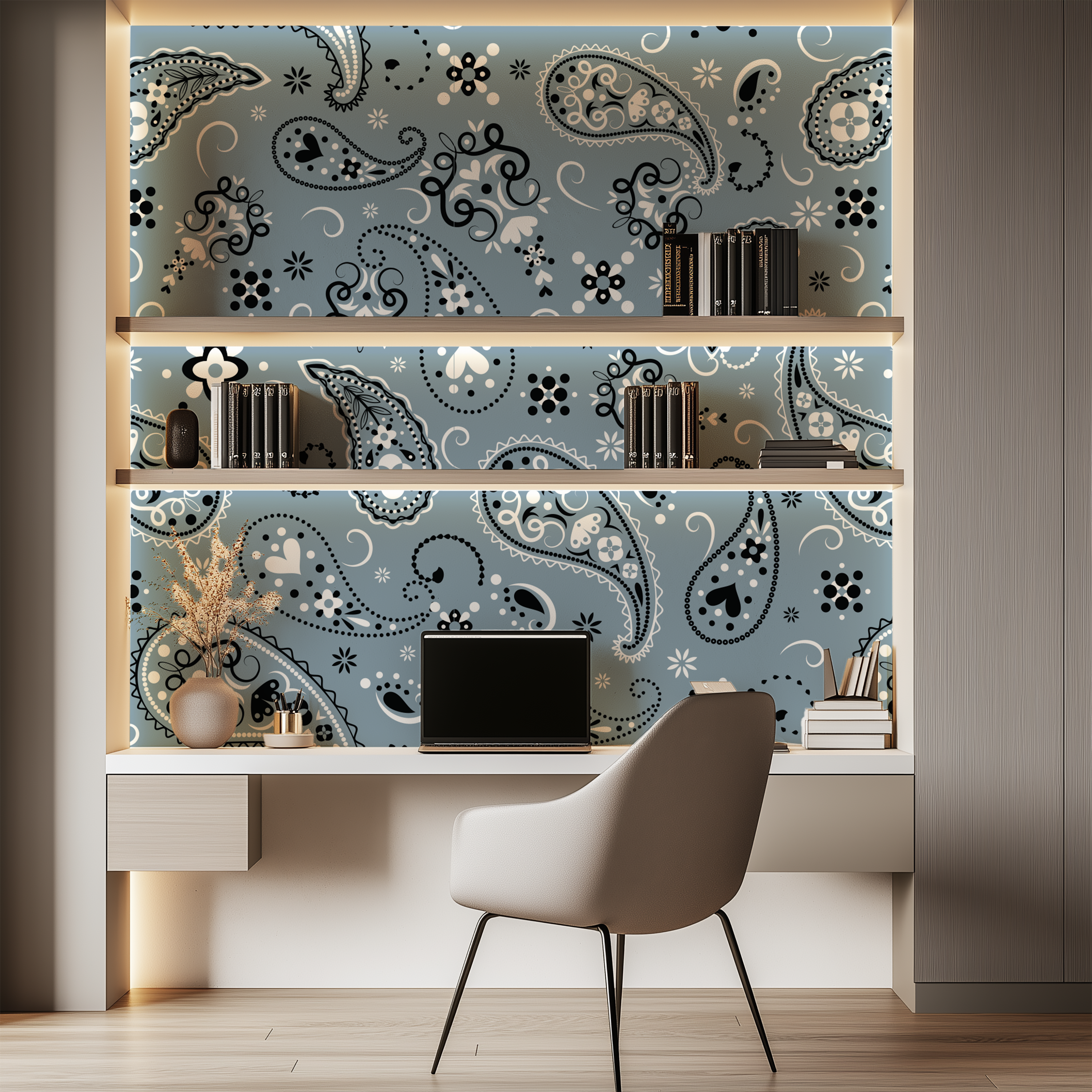 Paisley Slate Blue Bandana Wallpaper creating an elegant backdrop in a contemporary home office with illuminated shelving.