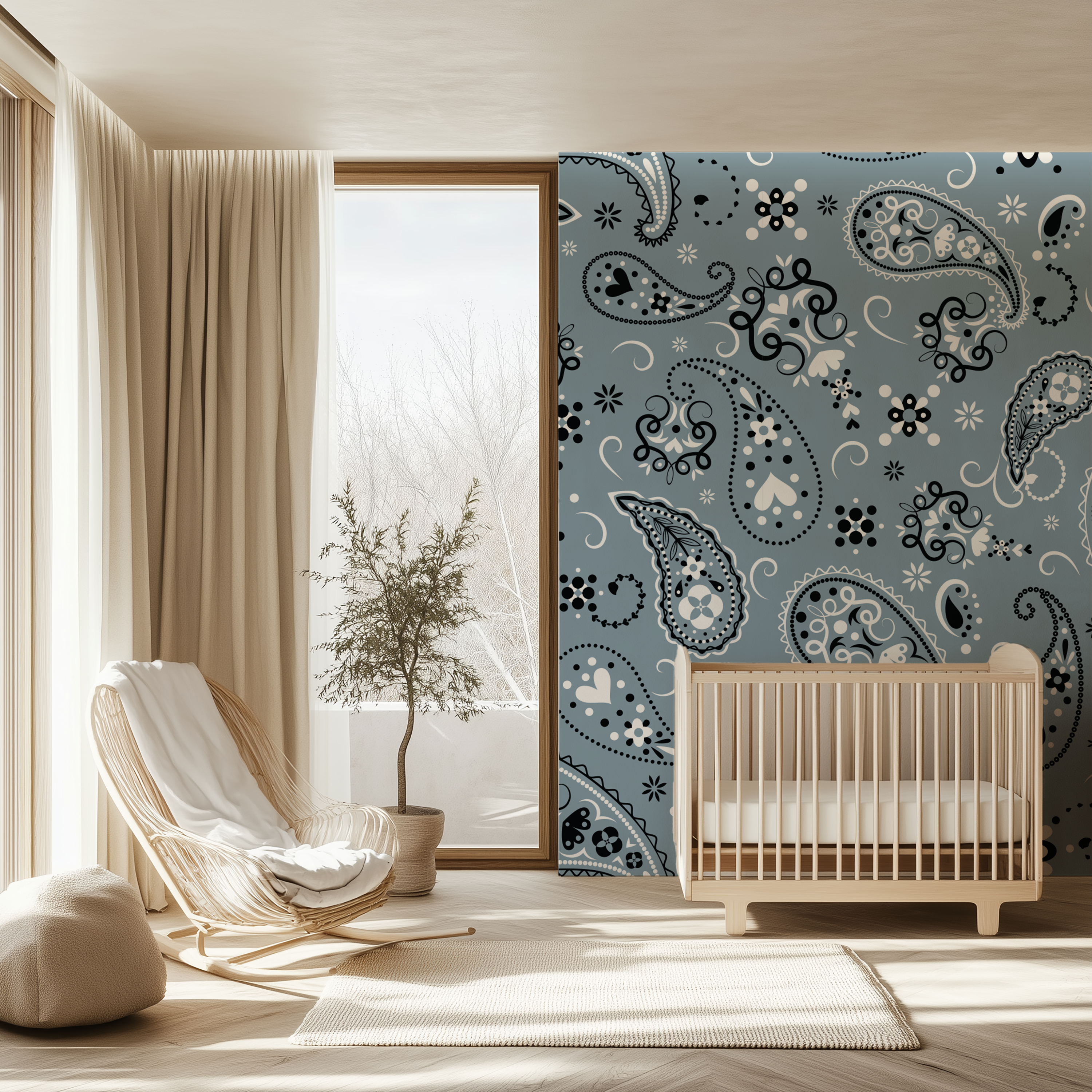 Paisley Slate Blue Bandana Wallpaper decorating a bright nursery with natural wood furniture.