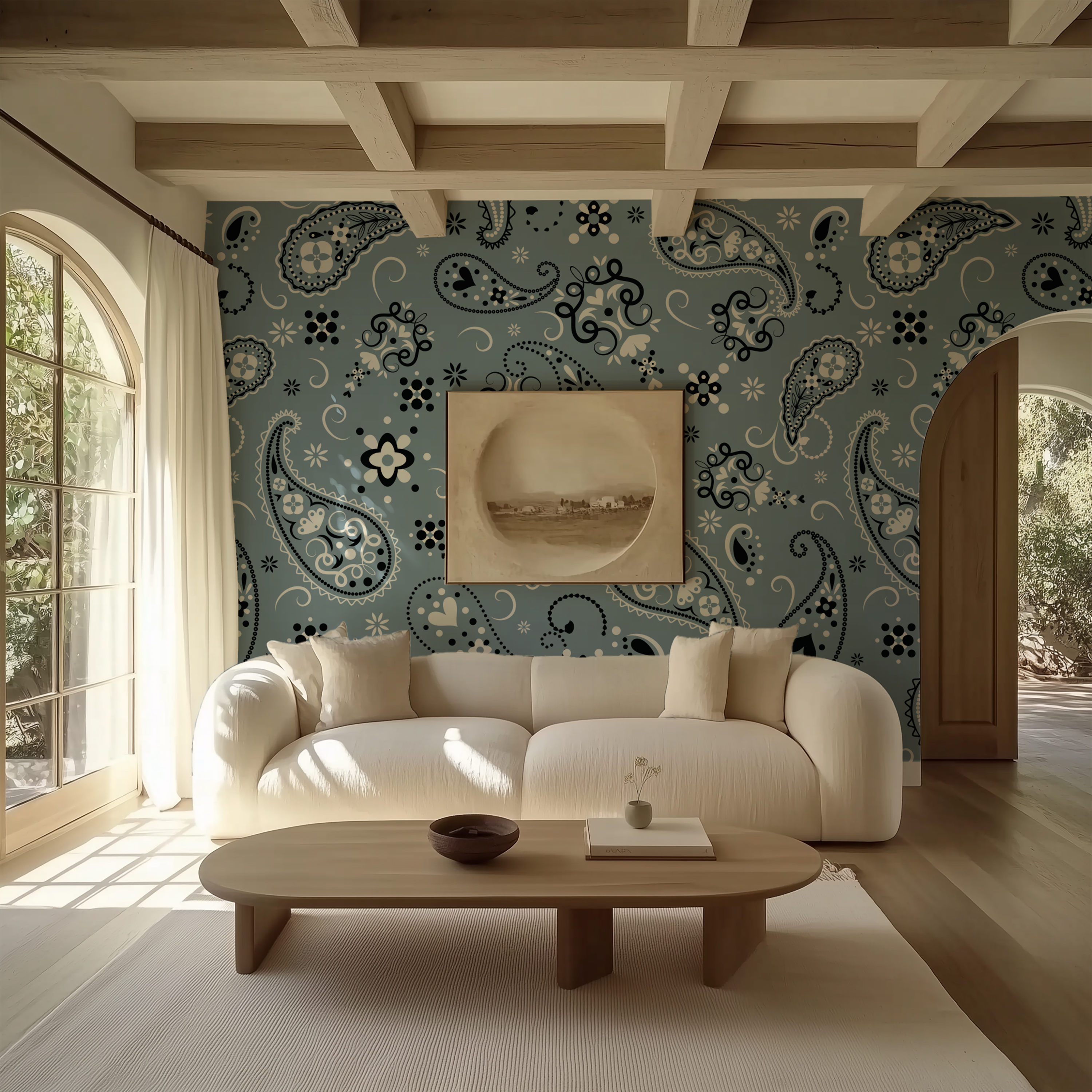 Paisley Slate Blue Bandana Wallpaper behind a curved white sofa in an elegant organic modern living room.