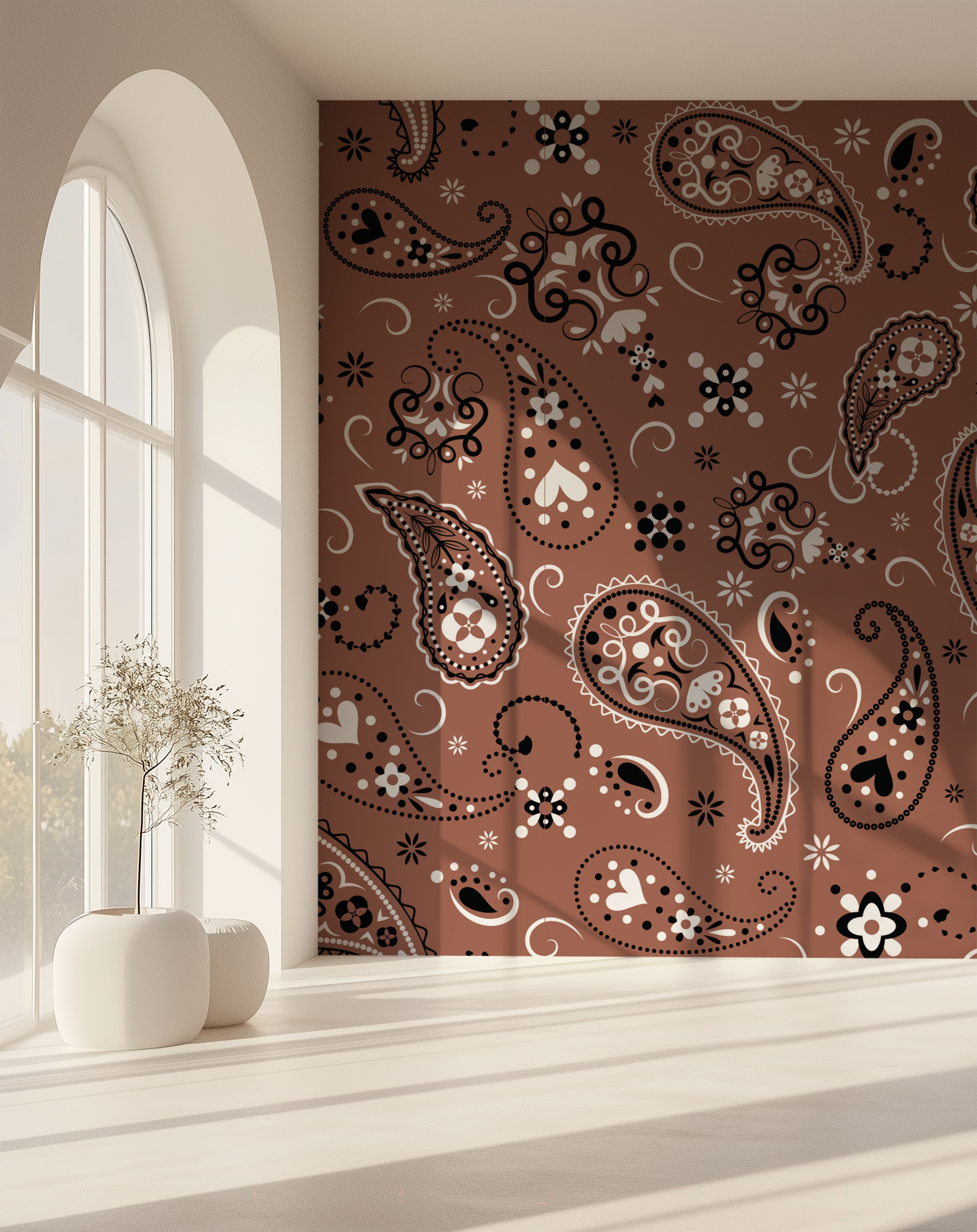 Paisley Terracotta Bandana Wallpaper featured in a bright living room with arched windows and warm natural light.