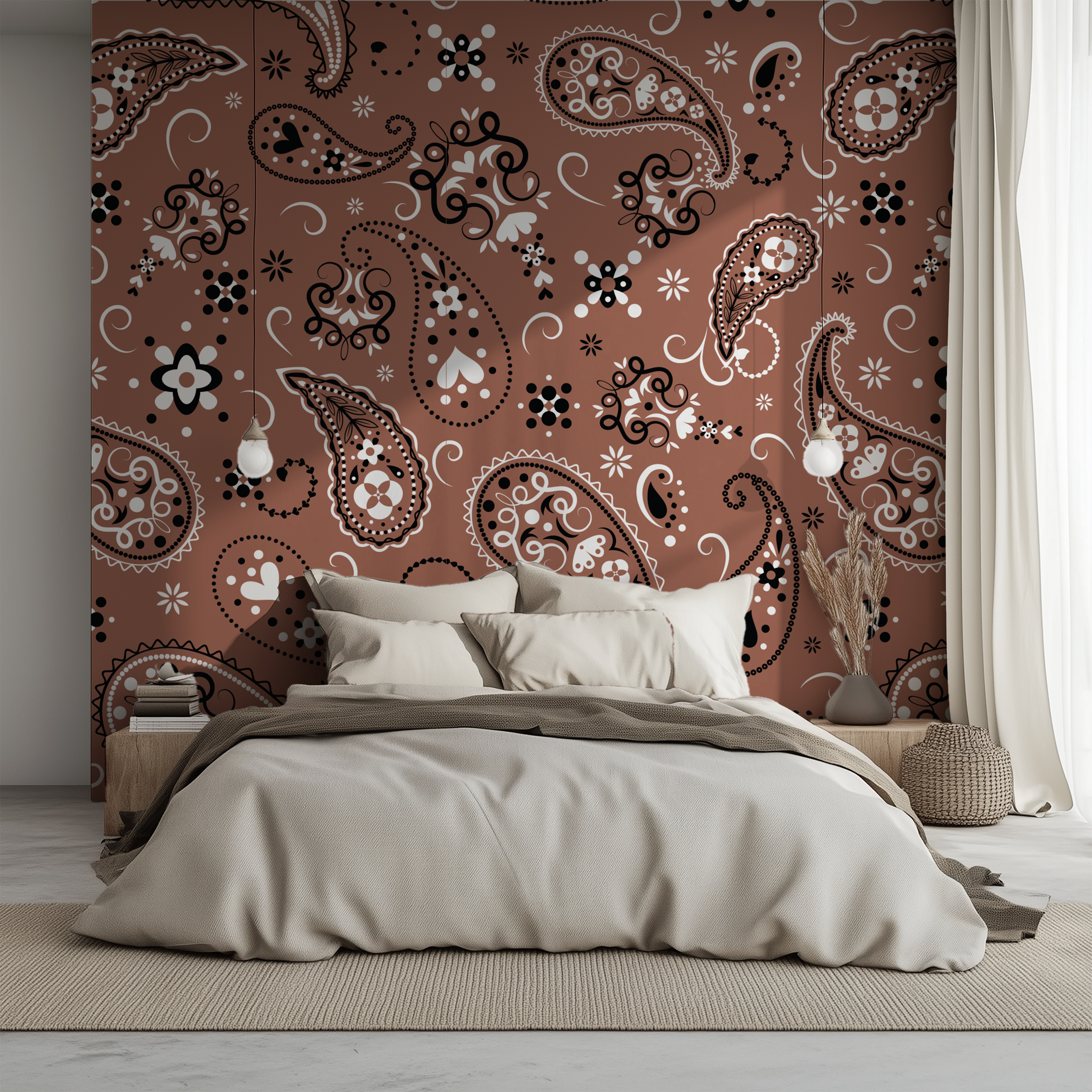 Paisley Terracotta Bandana Wallpaper creating a warm statement wall behind a modern bed with neutral décor.