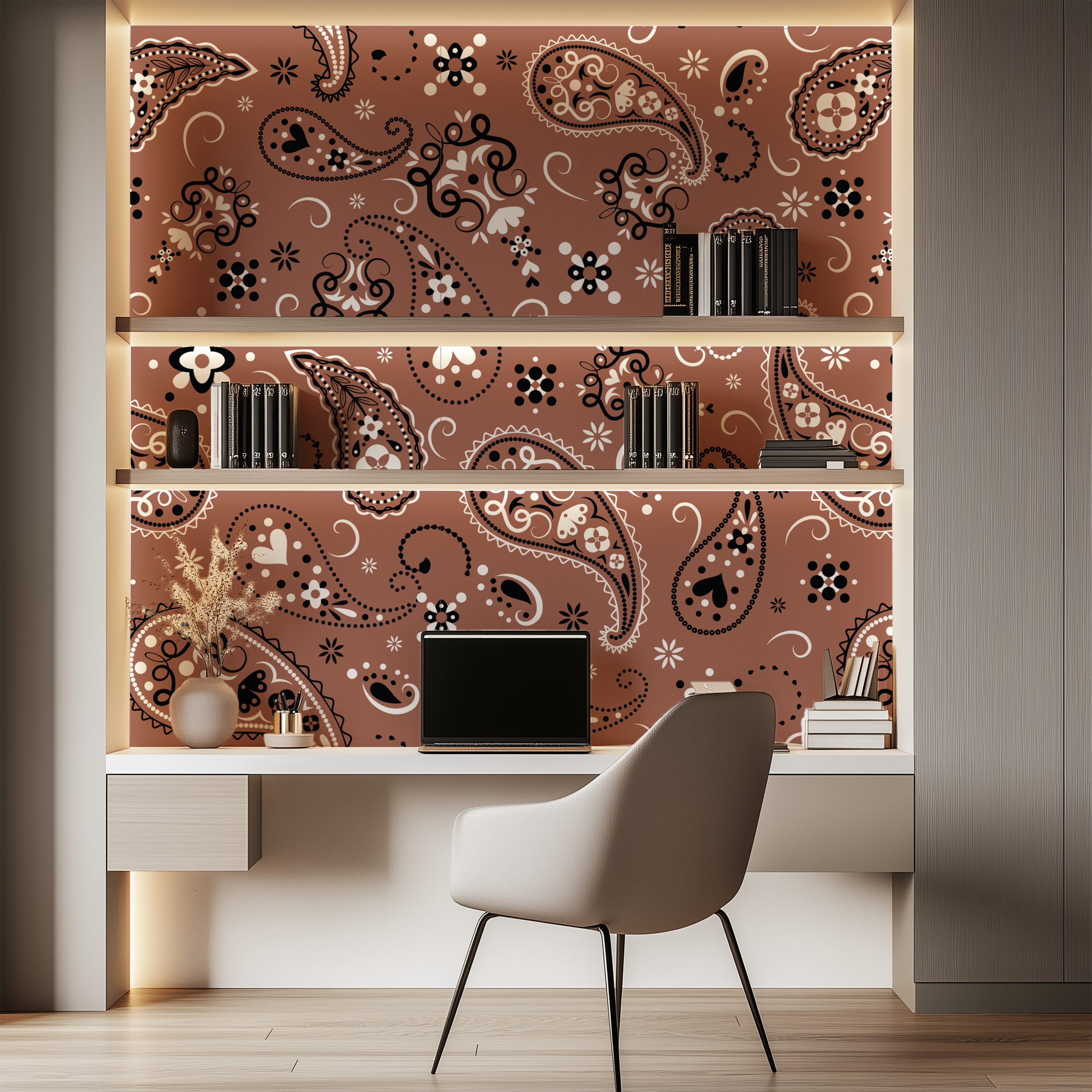 Paisley Terracotta Bandana Wallpaper creating a stylish western-inspired backdrop in a contemporary home office.