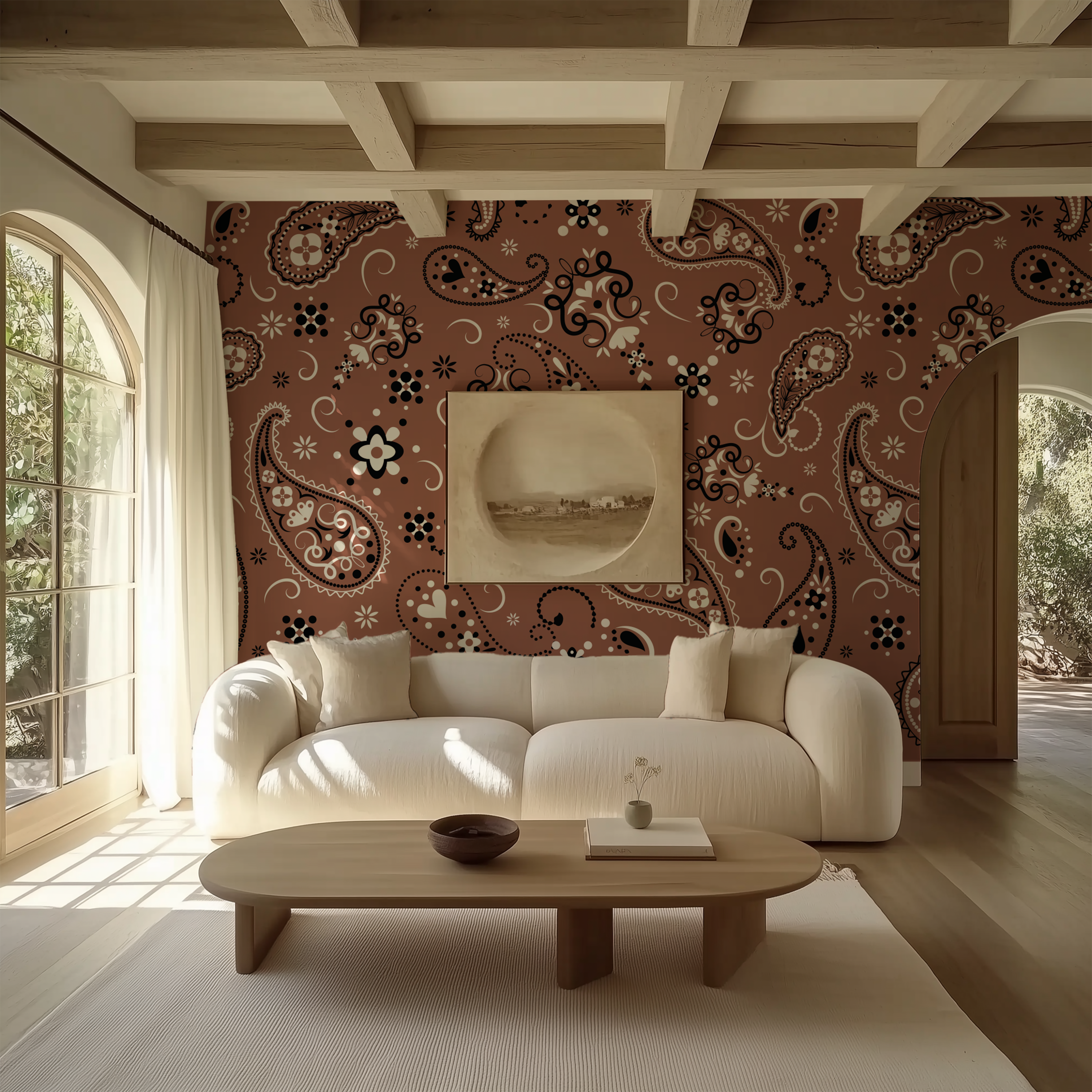 Paisley Terracotta Bandana Wallpaper showcased behind a modern sofa in a contemporary living room with natural wood accents.