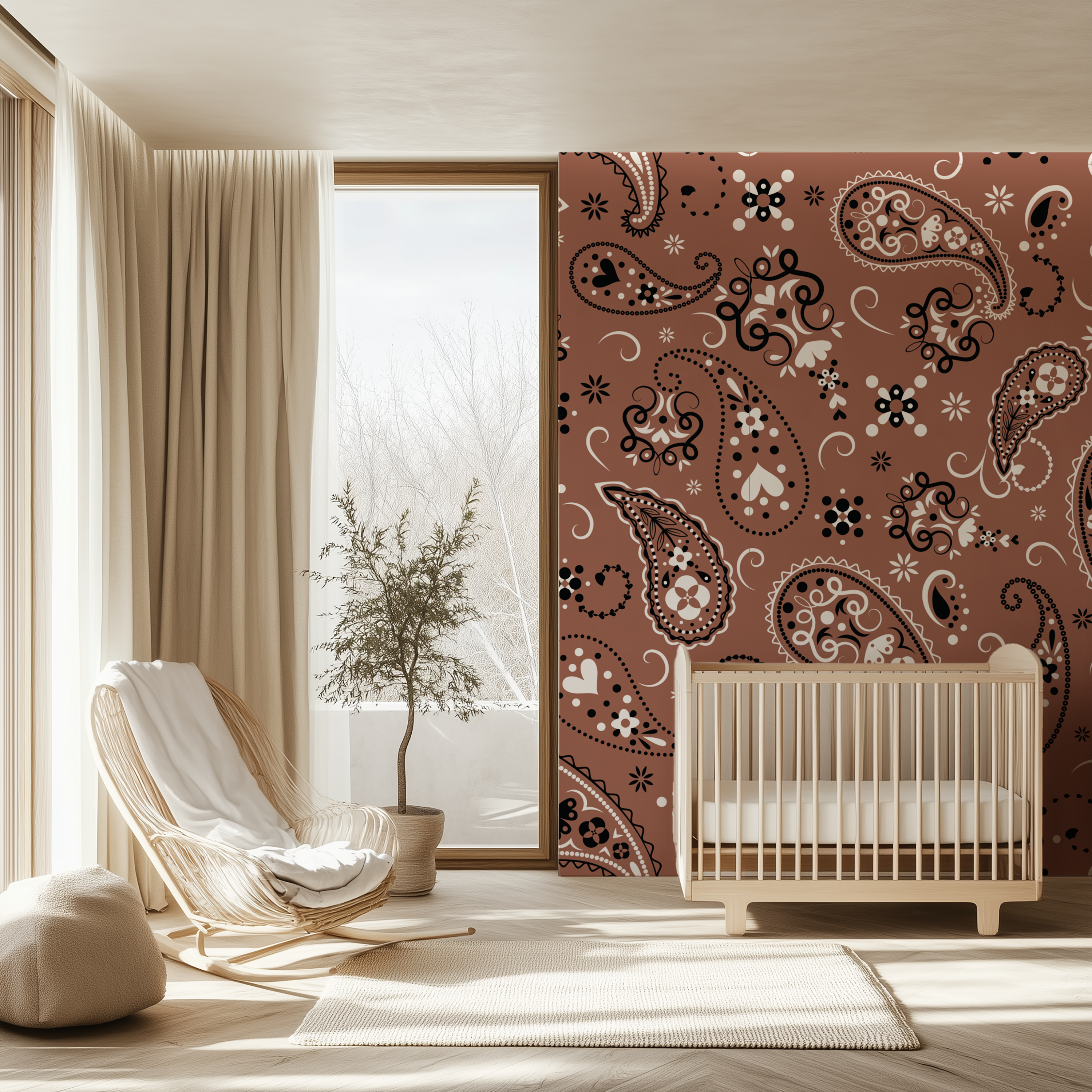 Paisley Terracotta Bandana Wallpaper decorating a cosy nursery with earthy tones and timeless western-inspired design.