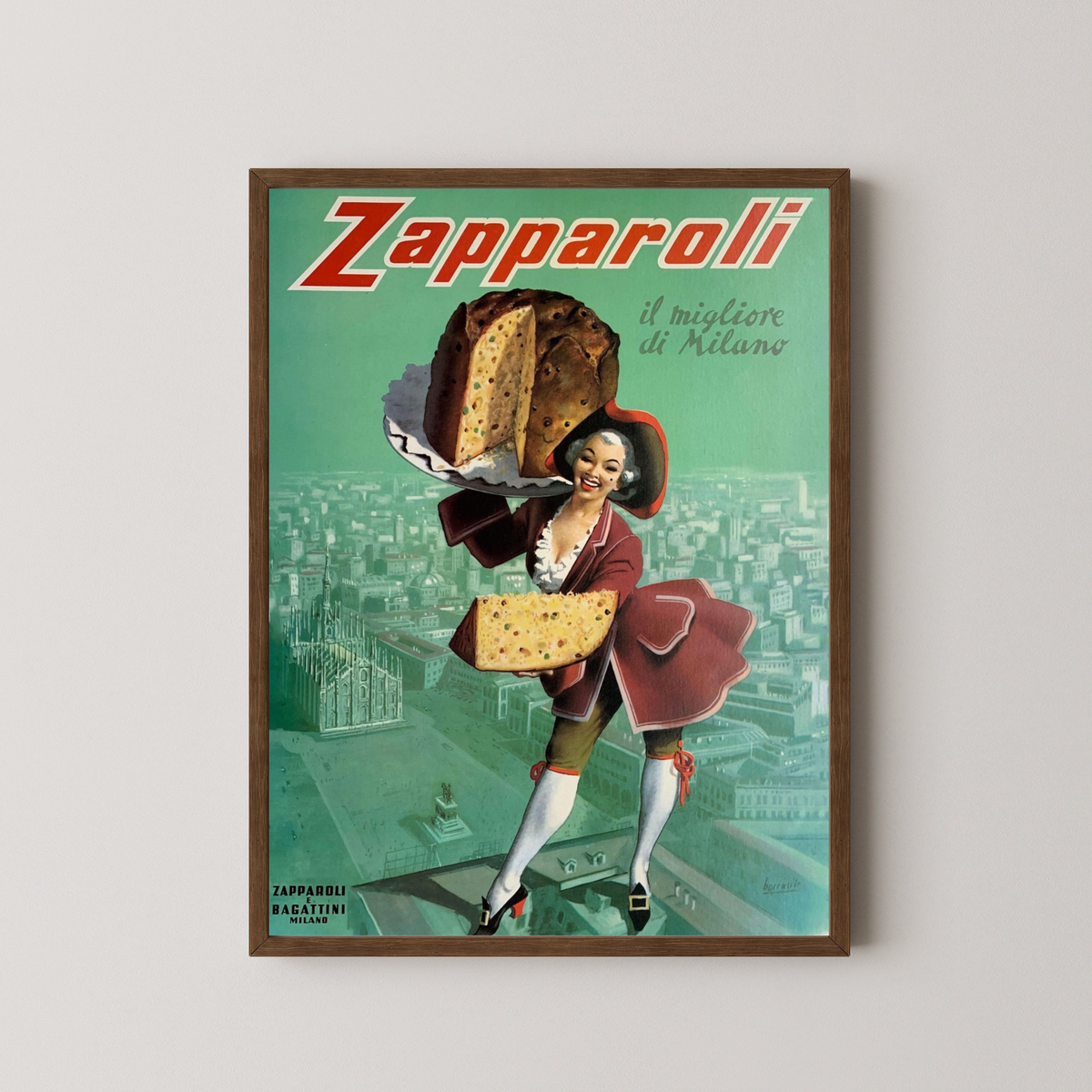 Italian Panettone Vintage Poster – Retro Food Art – dark wood frame mockup