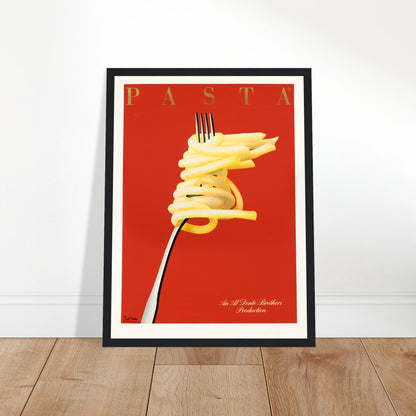 Vintage pasta food poster featuring fork with spaghetti against bold red background