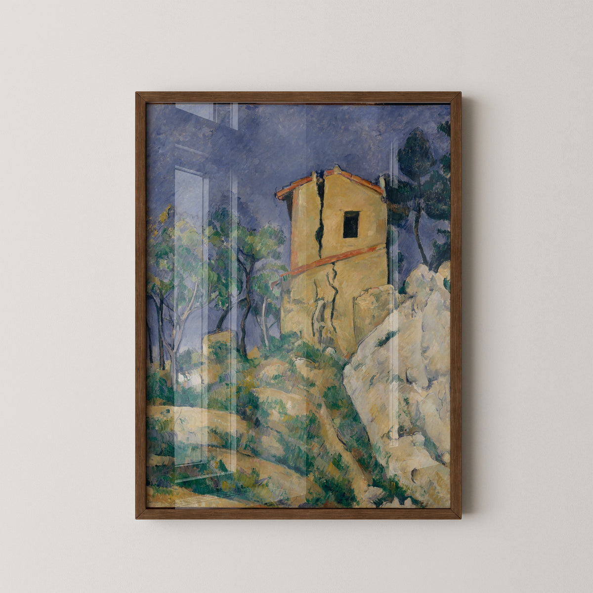 The House with the Cracked Walls by Paul Cézanne, 12 × 16 in poster shown in a dark wood frame mockup