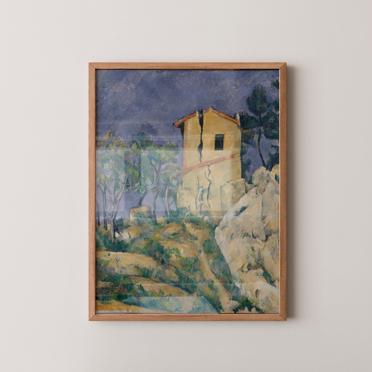 The House with the Cracked Walls by Paul Cézanne, 12 × 16 in poster shown in a wood frame mockup