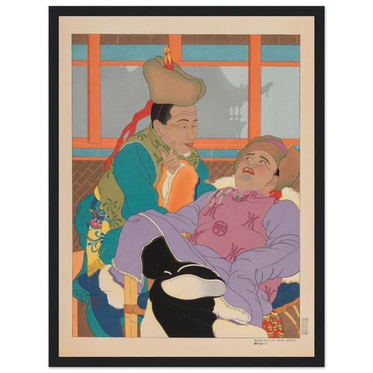 This high-quality reproduction of A Very Funny Story, Mongolians (Une Histoire Très Drôle, 1949) brings to life the refined work of French woodblock artist Paul Jacoulet (1902–1960). Known for his detailed portrayals of East Asian cultures, Jacoulet’s art blends Japanese ukiyo-e technique with European sensitivity. This print features his distinctive red ink seal, watermark with initials and kanji, and includes the original carver Maeda Kentarō and printer Honda Tetsunosuke’s seals—faithfully reproduced for