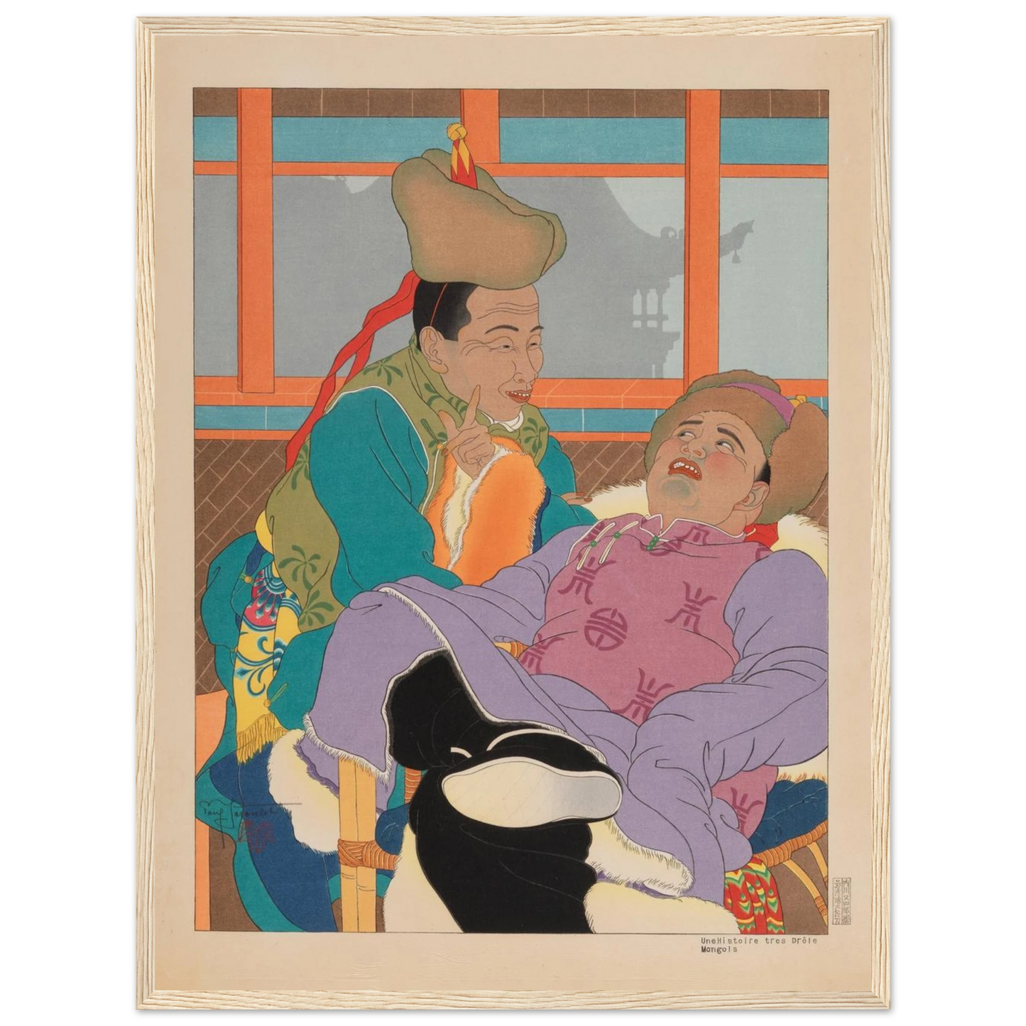 High-quality reproduction of A Very Funny Story, Mongolians (1949) by Paul Jacoulet, combining Japanese woodblock technique with French artistic elegance.