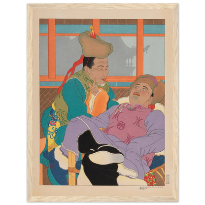 Collector’s reproduction of A Very Funny Story by Paul Jacoulet, a rare postwar woodblock print blending cultural sensitivity and technical mastery.