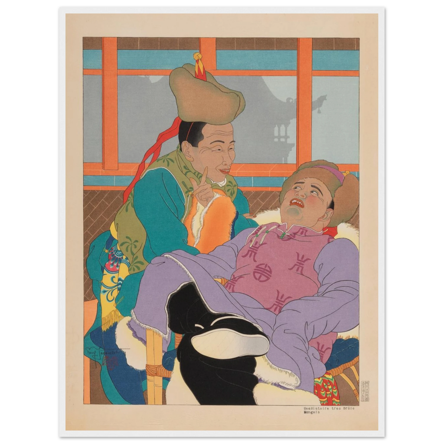 French-Japanese art print by Paul Jacoulet, A Very Funny Story, Mongolians, produced with original carver and printer seals faithfully reproduced.