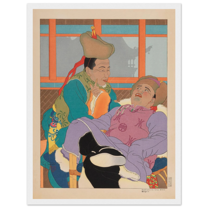 Woodblock print A Very Funny Story by Paul Jacoulet, featuring Mongolian figures rendered with vivid color, fine detail, and expressive warmth.