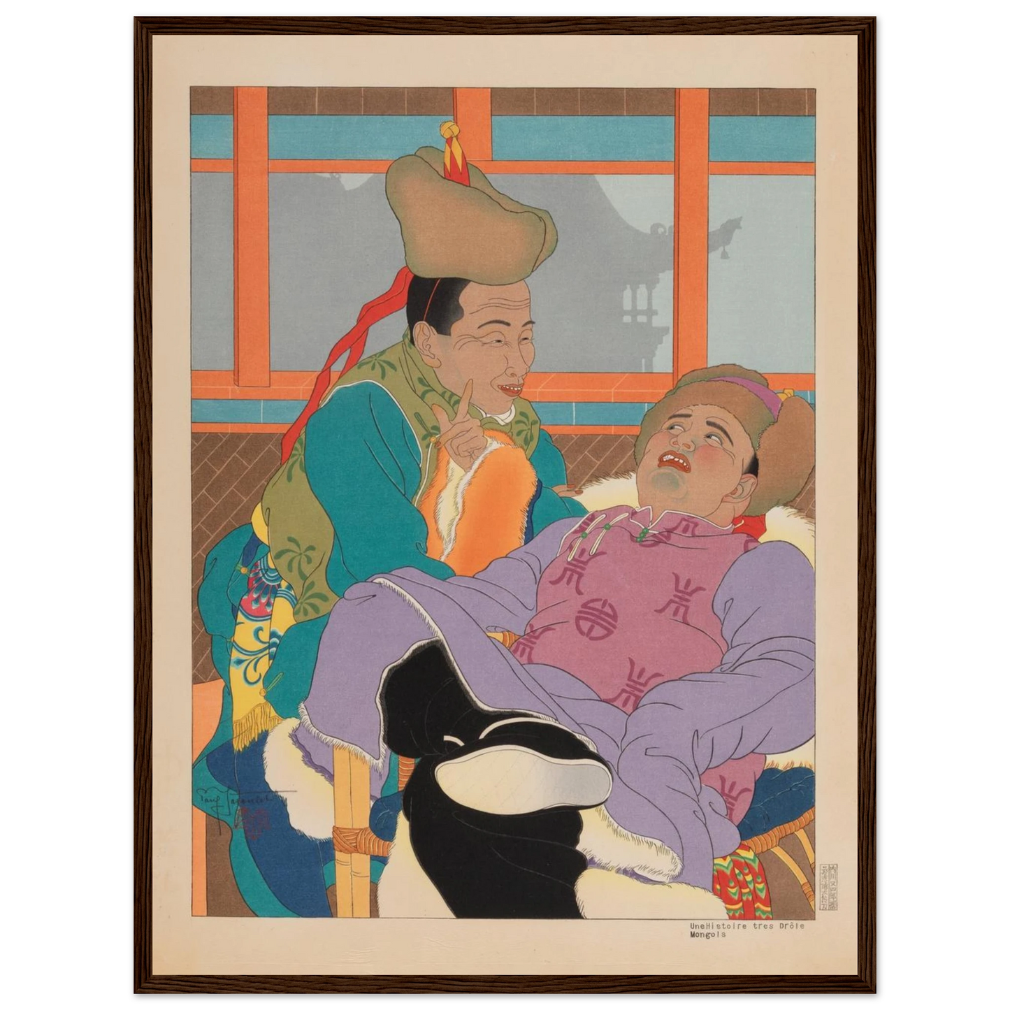 Wall art print of Une Histoire Très Drôle (1949) by Jacoulet, showcasing East Asian portraiture through European and Japanese fusion.