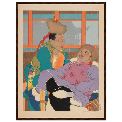 Wall art print of Une Histoire Très Drôle (1949) by Jacoulet, showcasing East Asian portraiture through European and Japanese fusion.