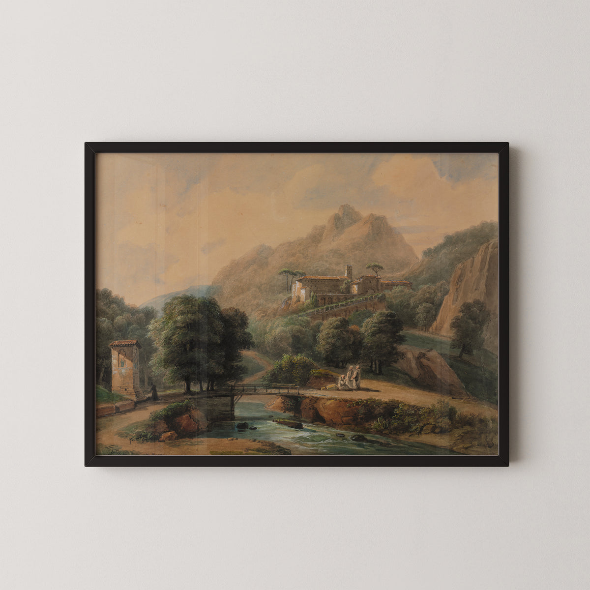 Paysage Italien: L'Abbaye et Les Religieux by Jean-Victor Bertin, art print in a black frame