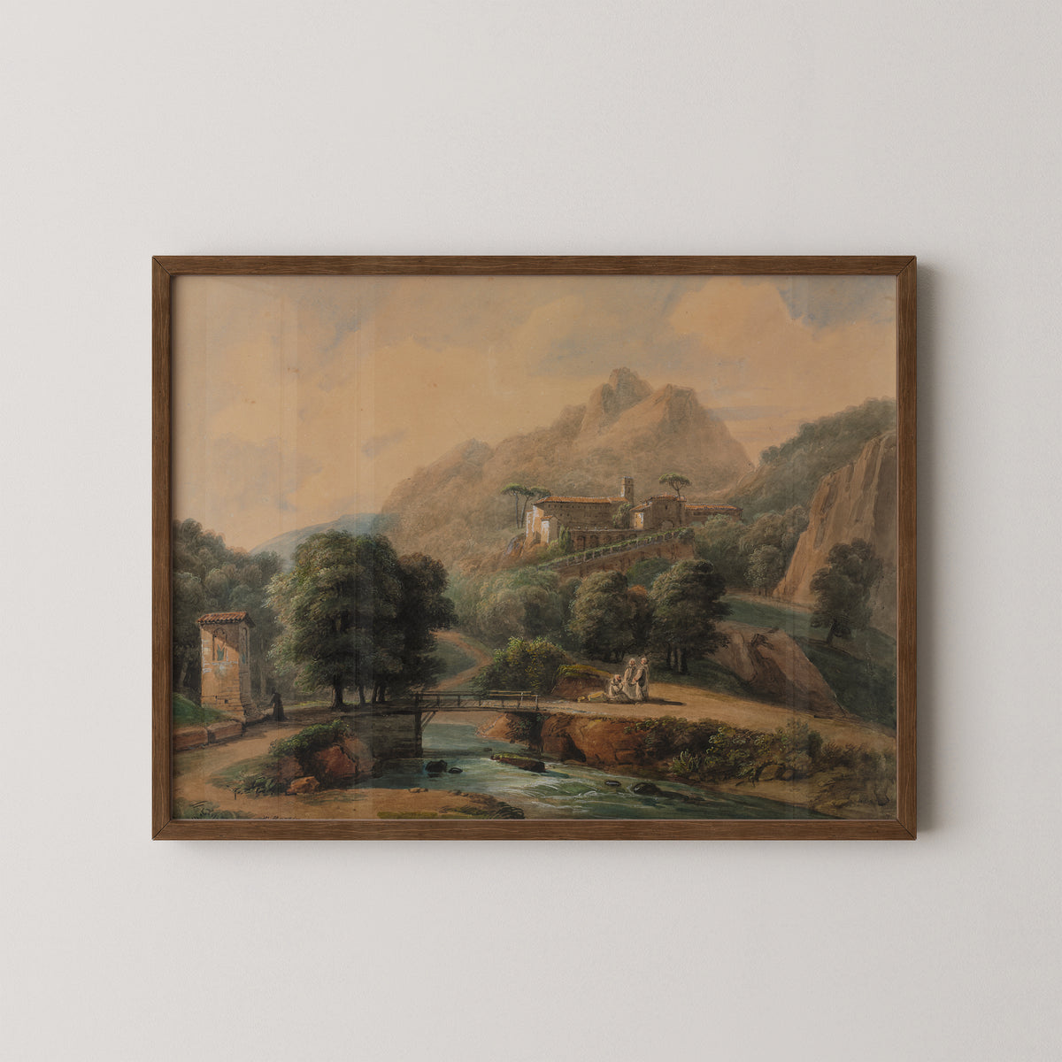 Paysage Italien: L'Abbaye et Les Religieux by Jean-Victor Bertin, art print in a dark wood frame