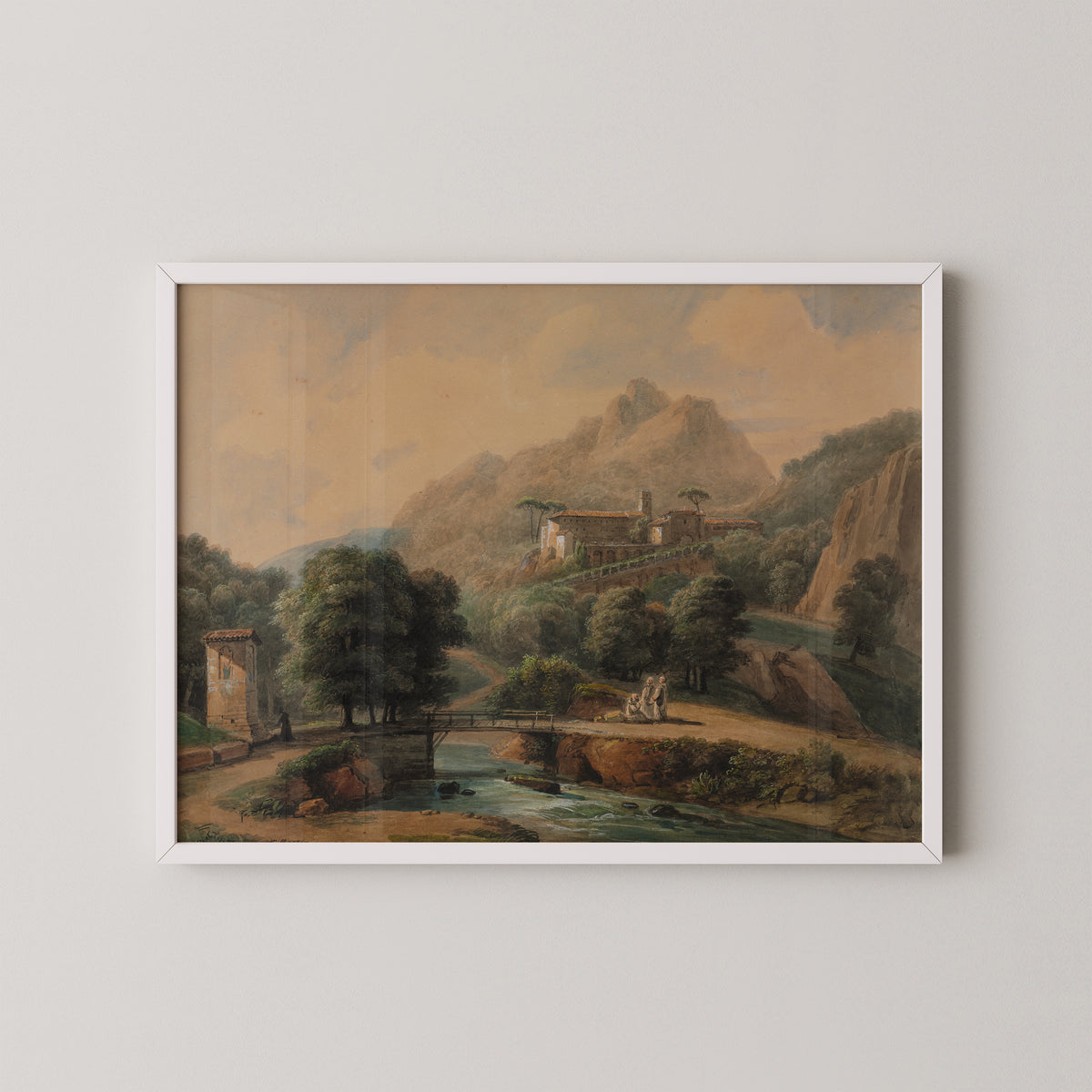 Paysage Italien: L'Abbaye et Les Religieux by Jean-Victor Bertin, art print in a white frame