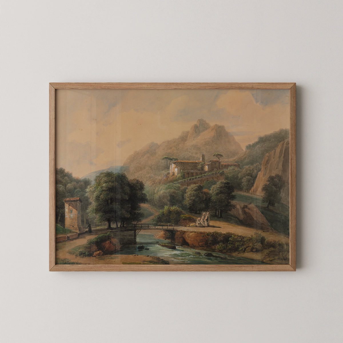 Paysage Italien: L'Abbaye et Les Religieux by Jean-Victor Bertin, art print in a natural wood frame