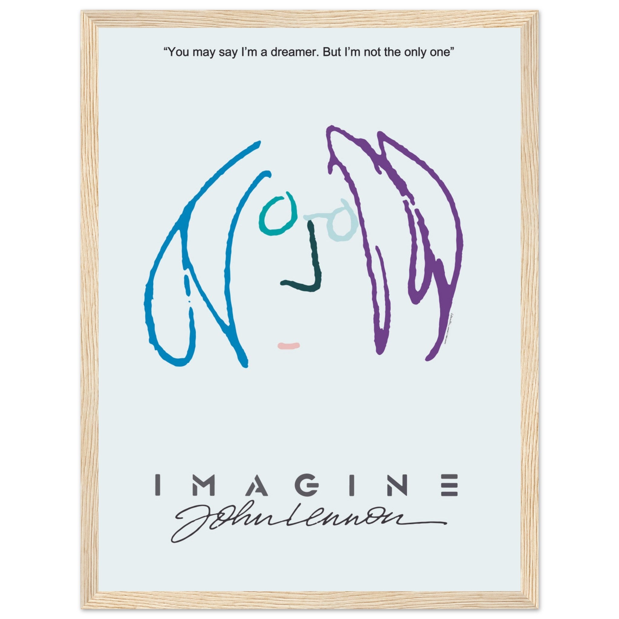 John Lennon Imagine peace and love poster — minimalist wall print with line art portrait and handwritten signature.