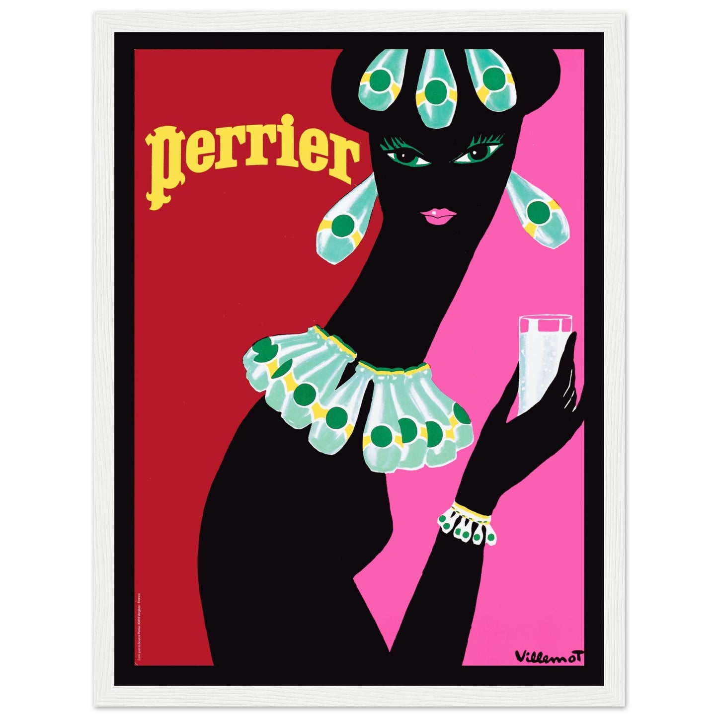 Classic Perrier soda poster with vibrant red and pink background and stylized figure