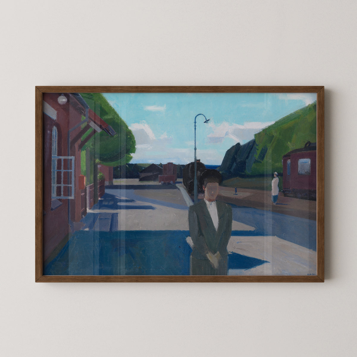 Erik Raadal's Girls Waiting for the Train art reproduction displayed in a dark wood frame