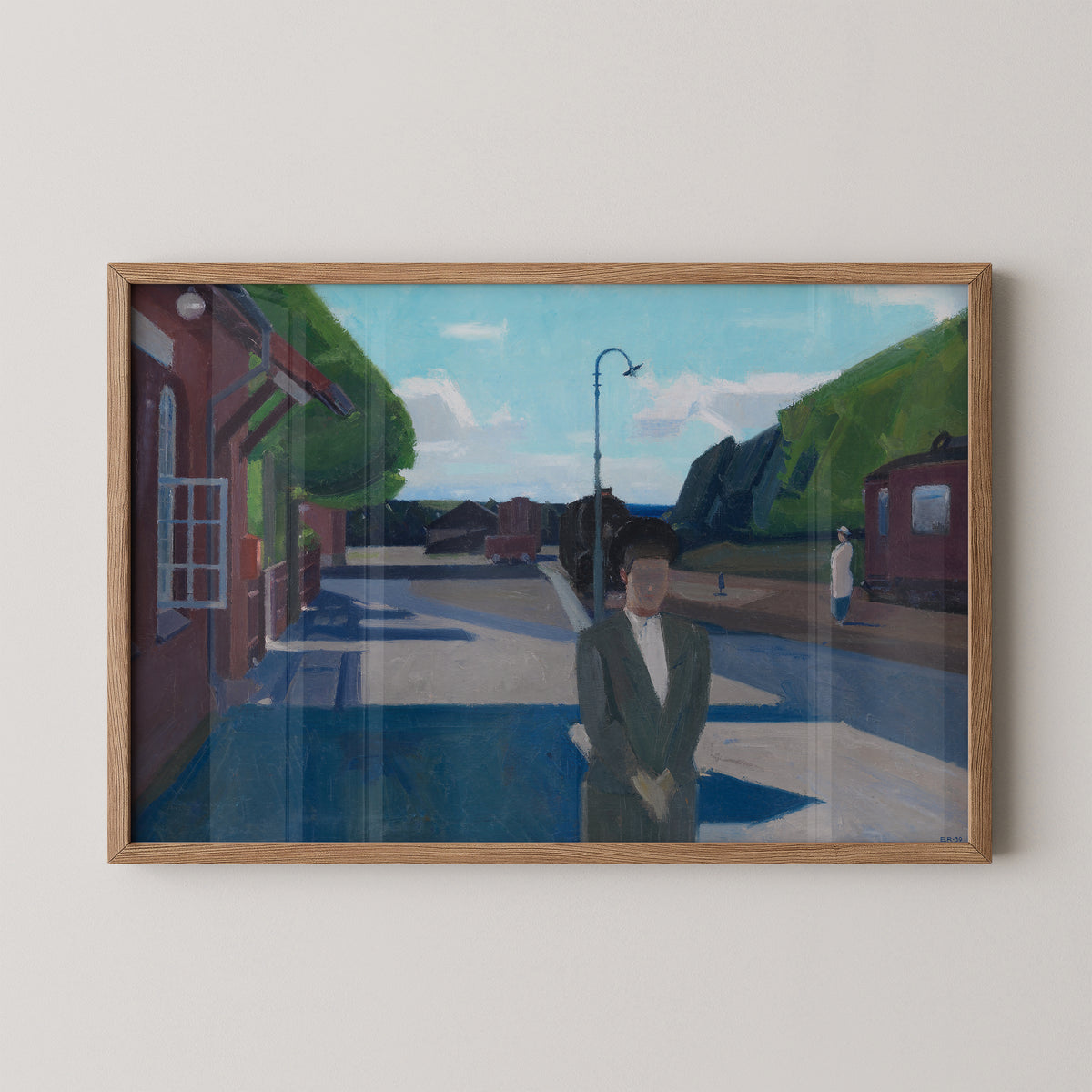Natural wood-framed Erik Raadal print of Piger der venter på toget, girls waiting for a train