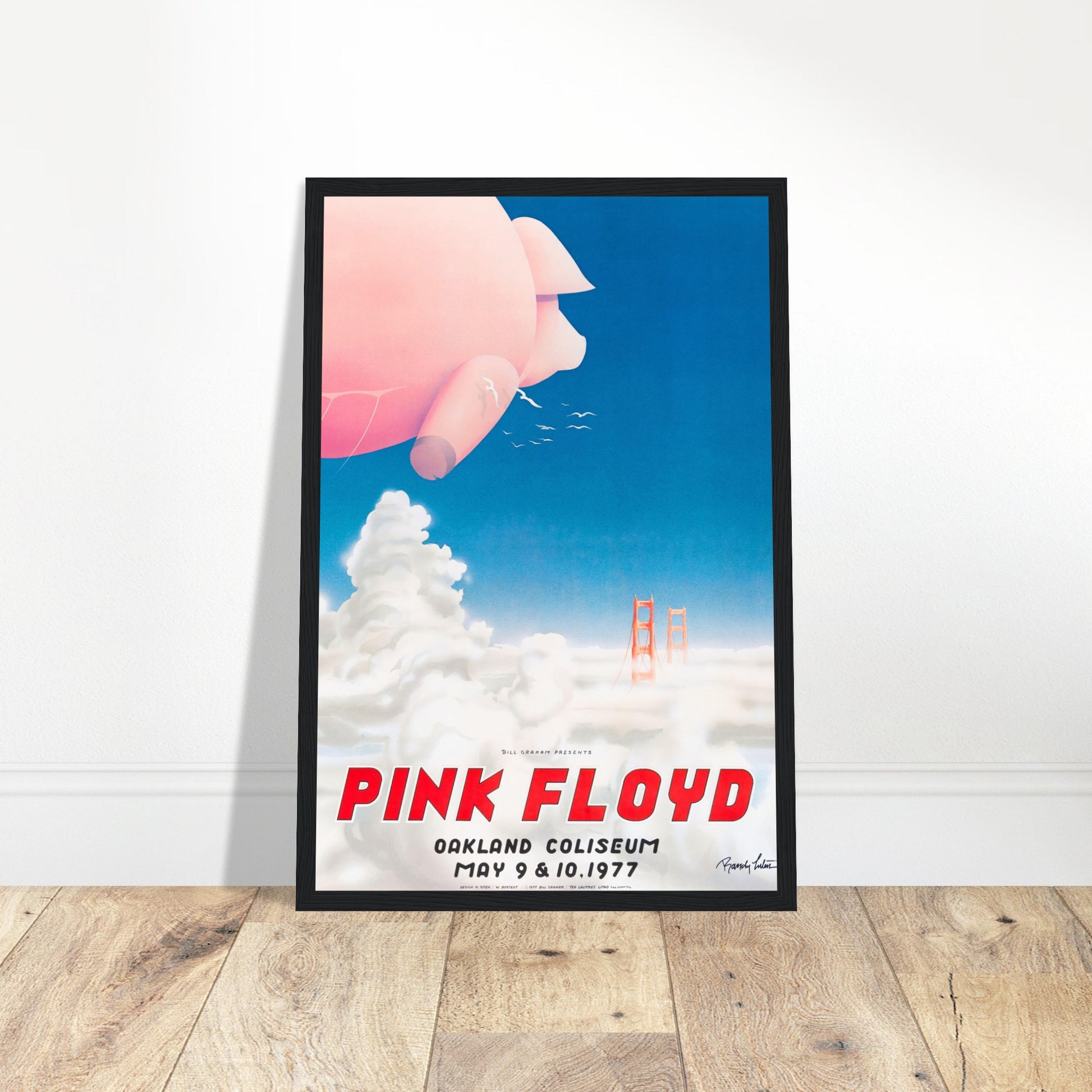 Pink Floyd Oakland Coliseum 1977 vintage concert poster with floating pig blimp and blue sky