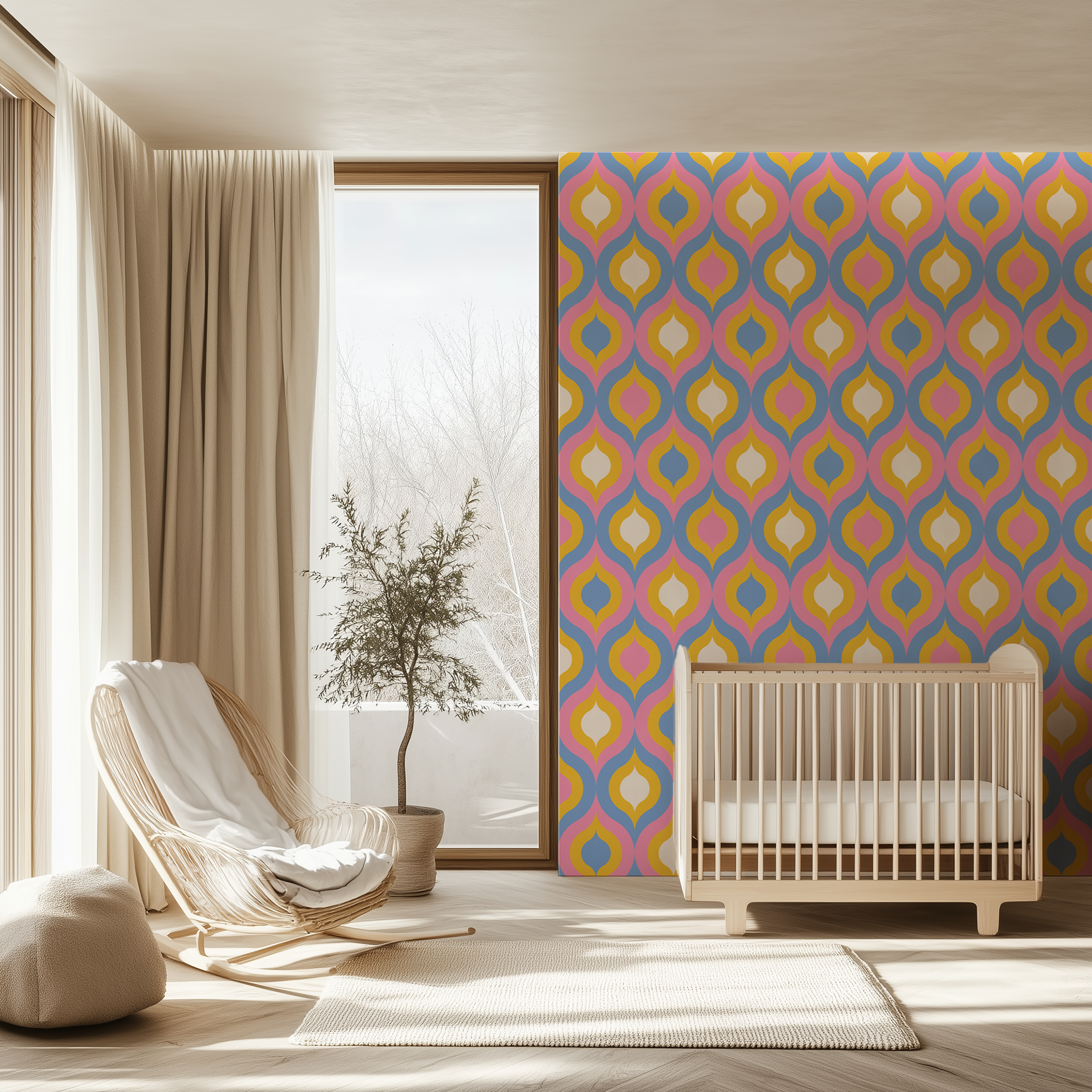Pink geometric wallpaper with repeating Mod tulip pattern for stylish interiors.