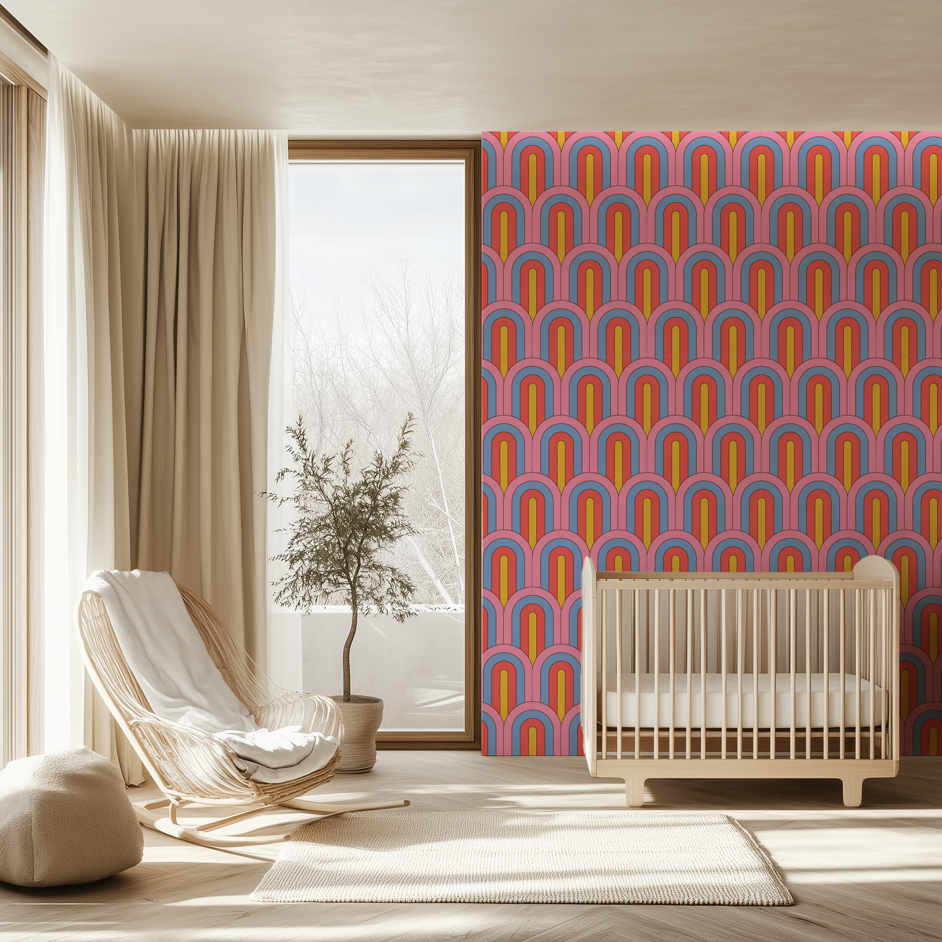 Pink and orange geometric wallpaper with repeating Art Deco arches for modern interiors.