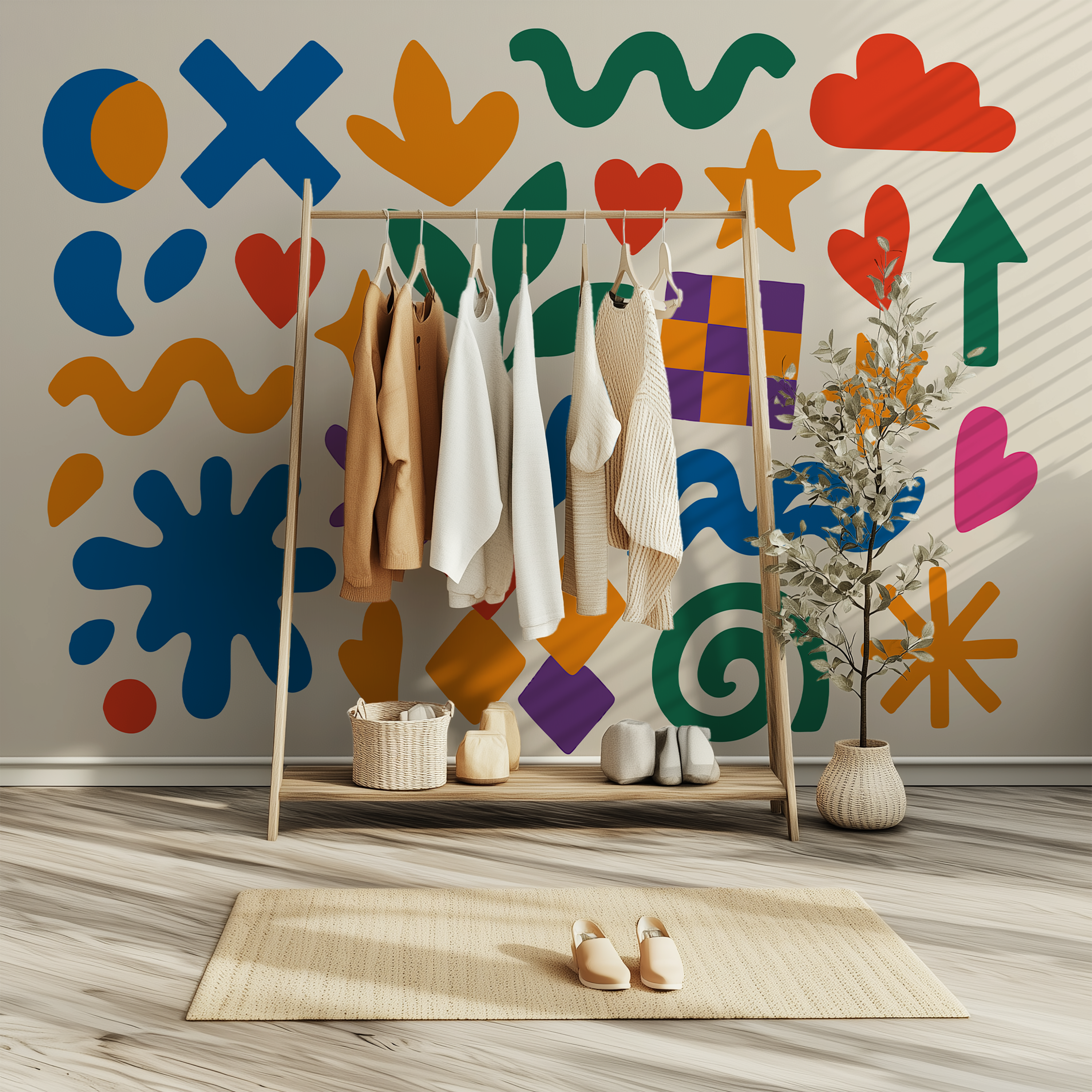 Playful abstract wallpaper featuring colorful graphic shapes on a neutral background