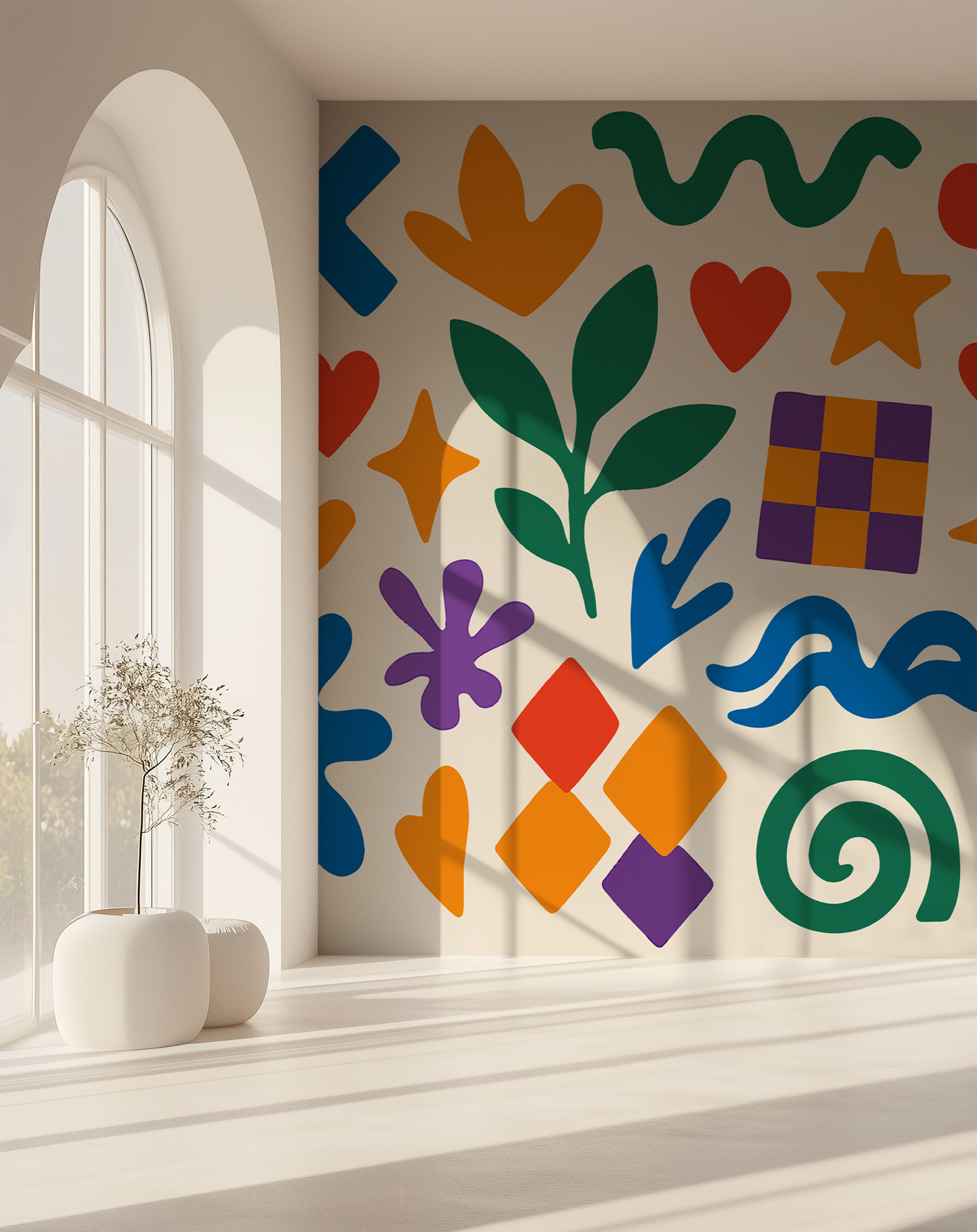Colorful abstract wallpaper with playful geometric shapes and bold organic forms