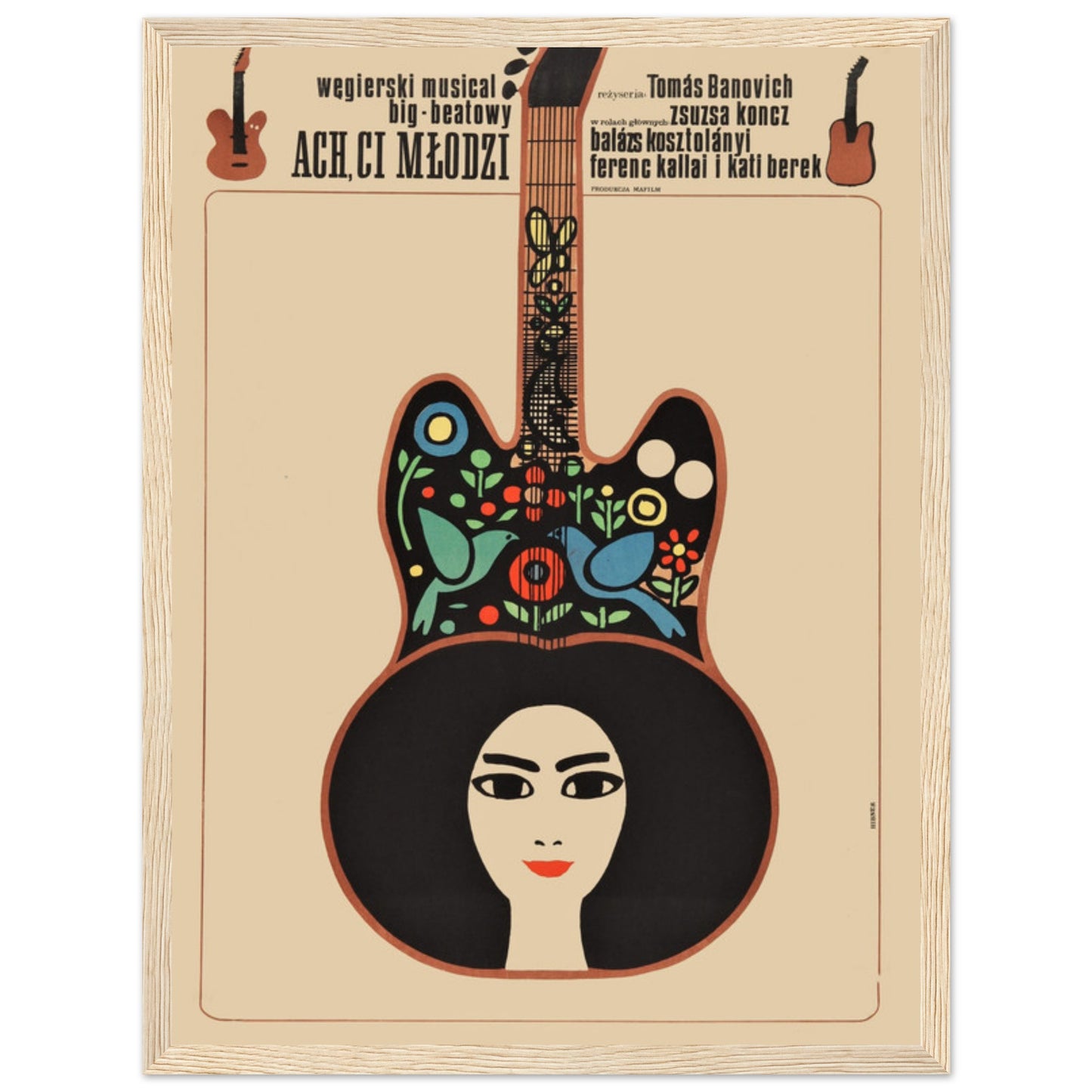 Folk art music poster inspired by Polish festival traditions with vibrant patterns and a classic guitar motif.