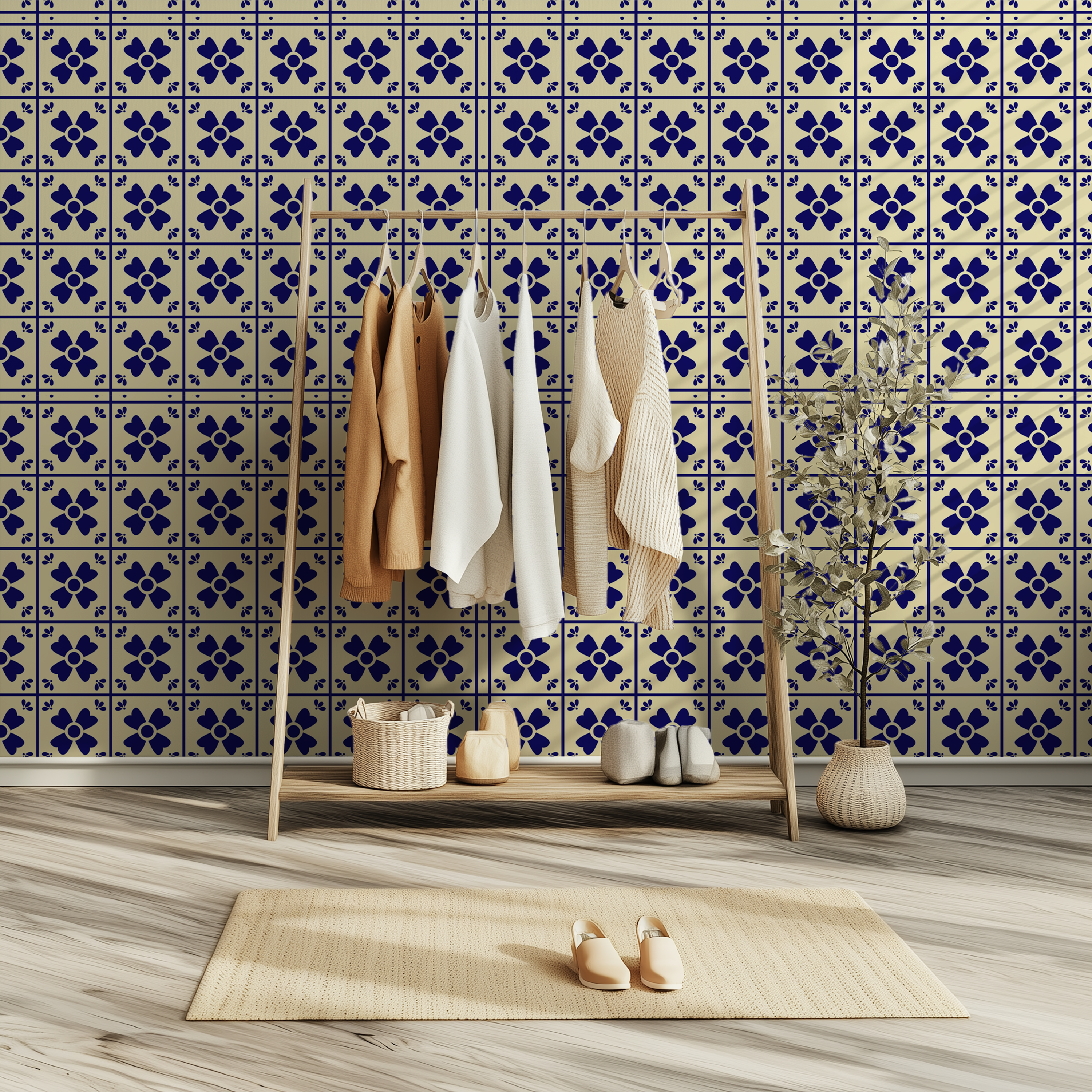 Portuguese wallpaper, blue ceramic tile wallpaper, azulejo wallpaper, floral tile pattern, peel and stick wallpaper, custom wallpaper