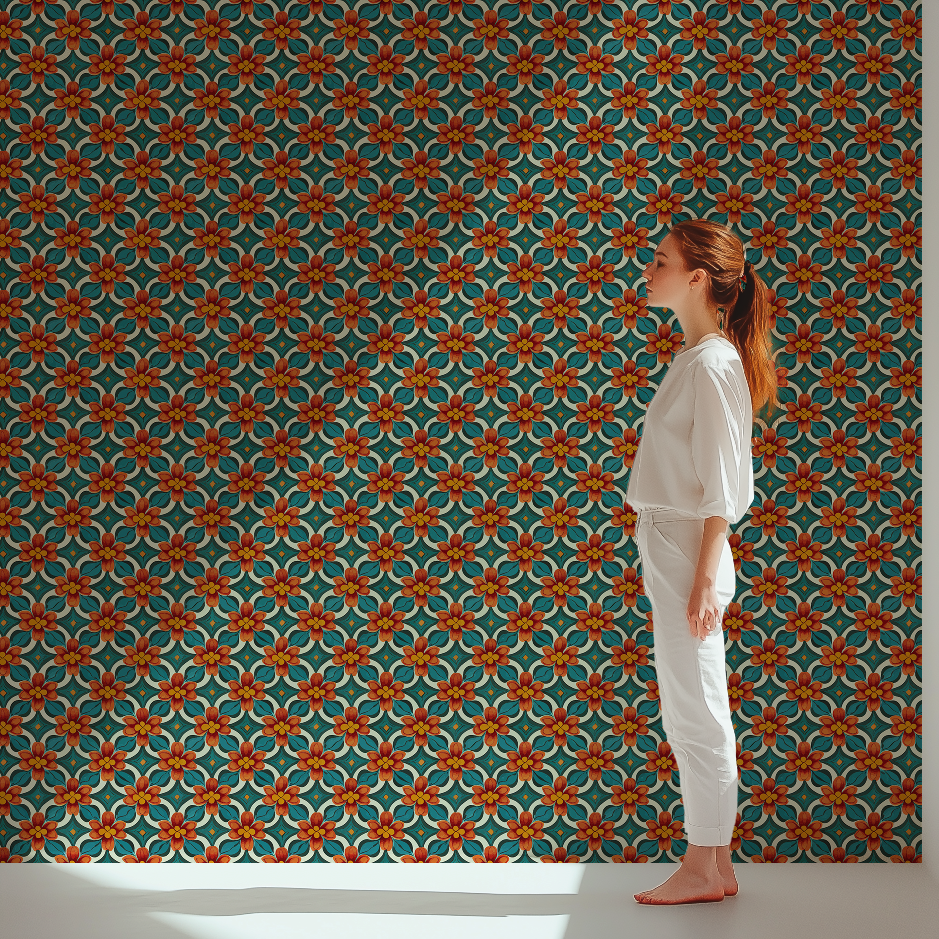 Portuguese wallpaper, floral tile wallpaper, ceramic pattern wallpaper, Mediterranean decor, ornamental wallpaper, custom wallpaper