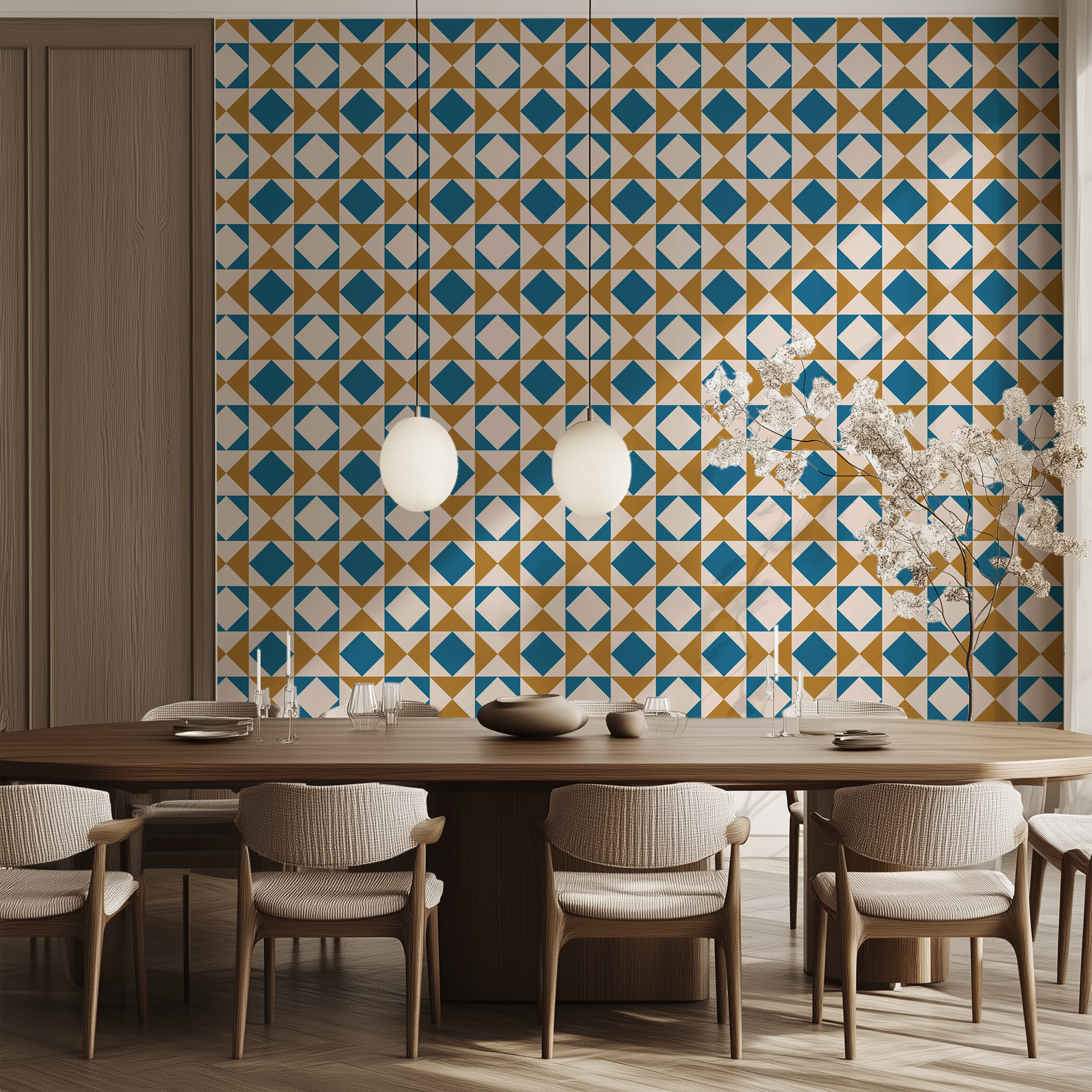 Portuguese tile geometric wallpaper, azulejo wallpaper, blue diamond wallpaper, geometric wall covering, Mediterranean wall decor, designer wallpaper