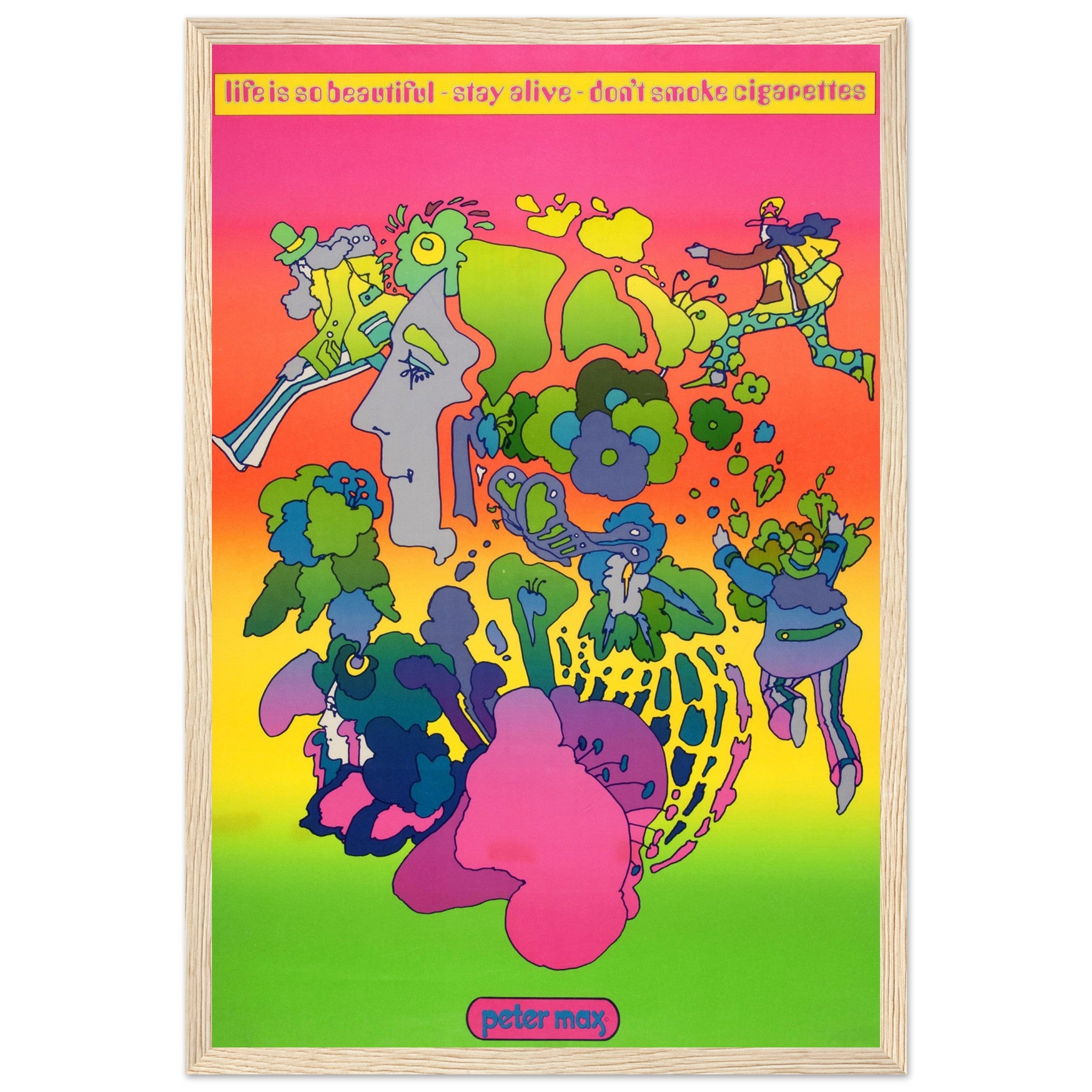 Psychedelic anti-smoking poster with vibrant, mind-bending design — vintage-style art promoting health awareness.