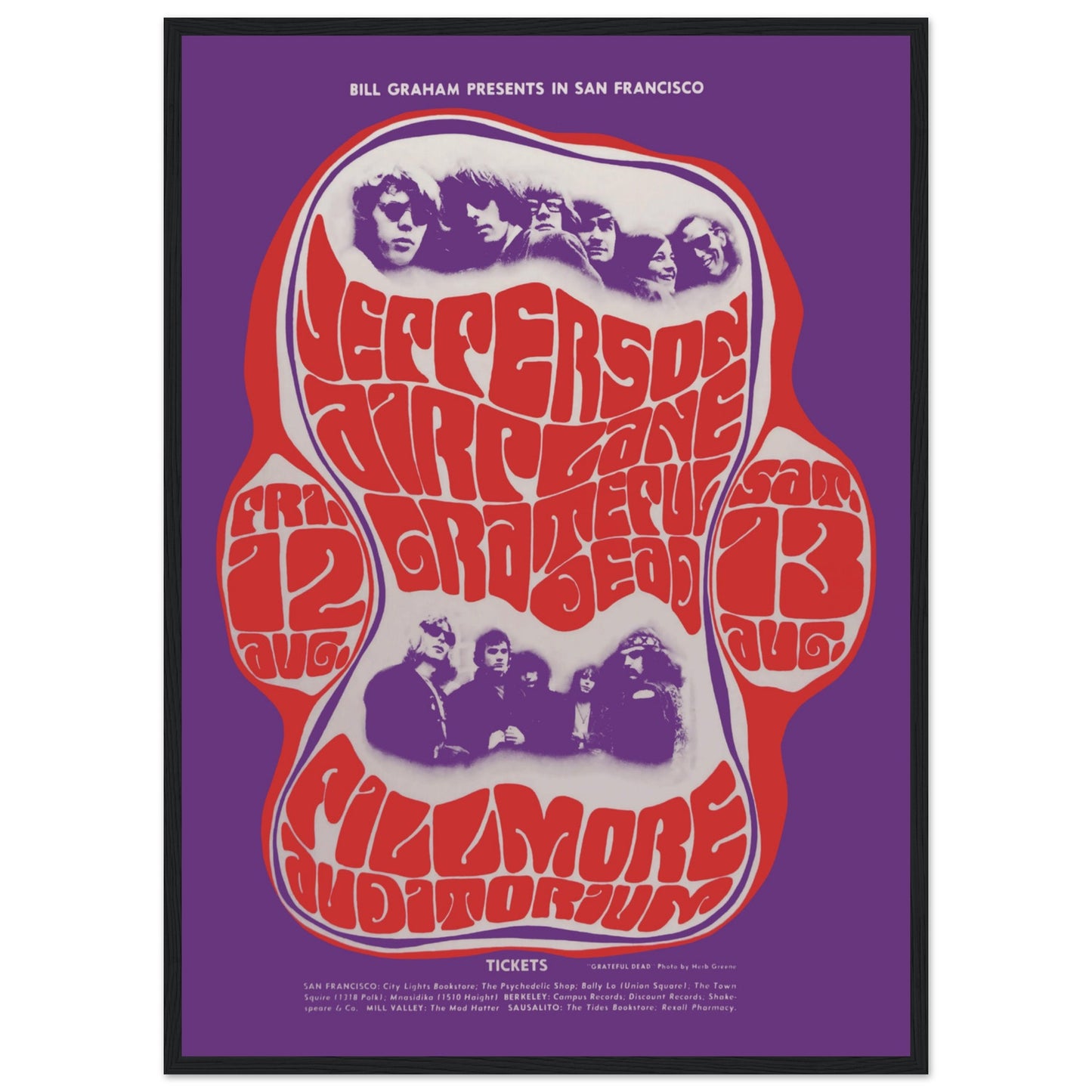 Psychedelic rock poster from San Francisco’s Fillmore Auditorium with Jefferson Airplane and Grateful Dead — perfect for music lovers.