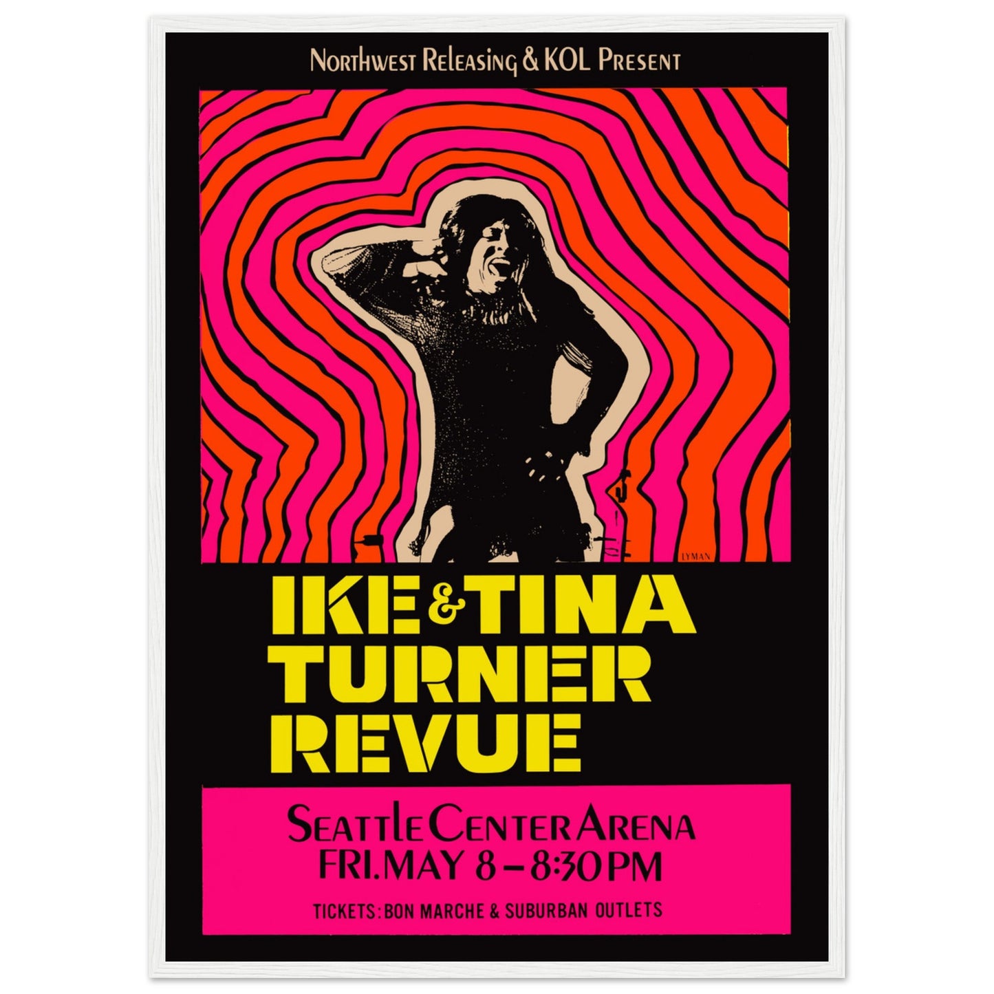 Colorful psychedelic Tina Turner concert poster — perfect retro music decor and gift for soul, funk, and rock enthusiasts.
