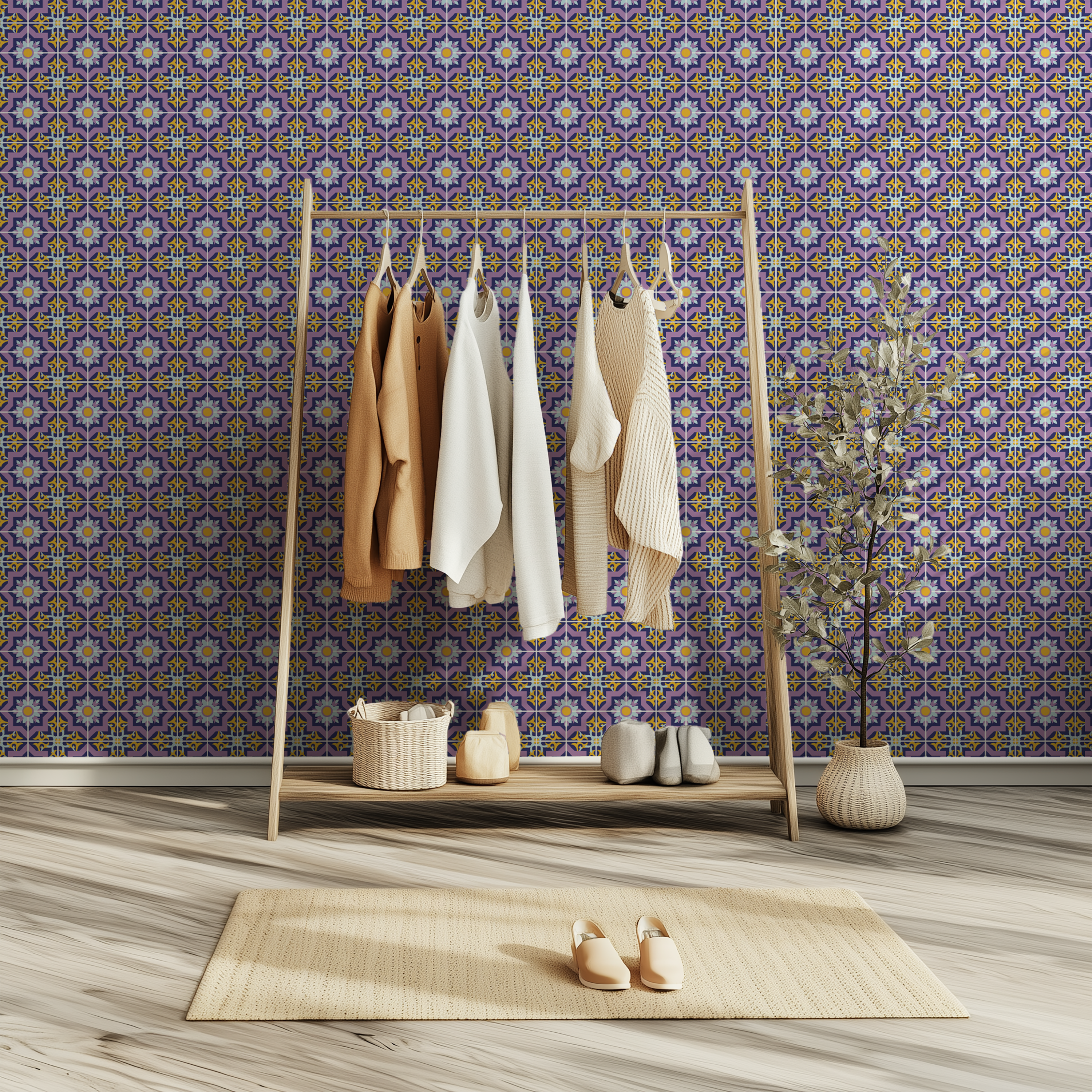 Purple geometric wallpaper, Moroccan tile wallpaper, mosaic wallpaper, decorative wall covering, premium wallpaper, luxury interior wallpaper