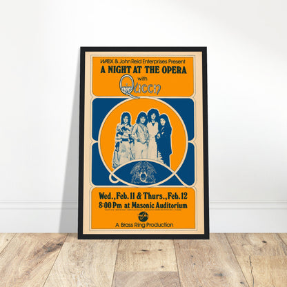 Vintage 1976 Queen concert poster from the A Night at the Opera tour featuring Freddie Mercury, Brian May, Roger Taylor, and John Deacon.