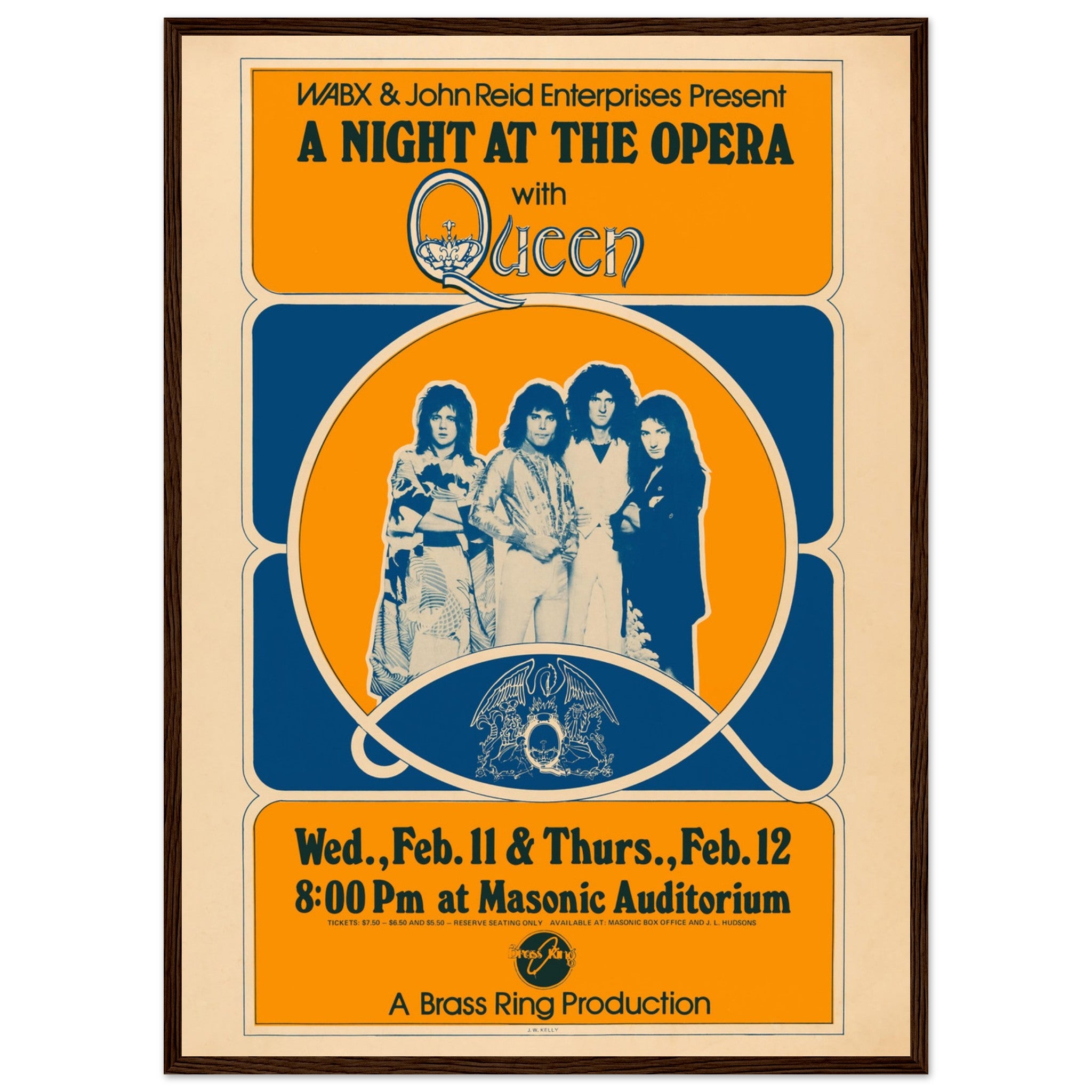 1970s Queen tour poster with group portrait and vintage typography — perfect for classic rock and music art collectors.