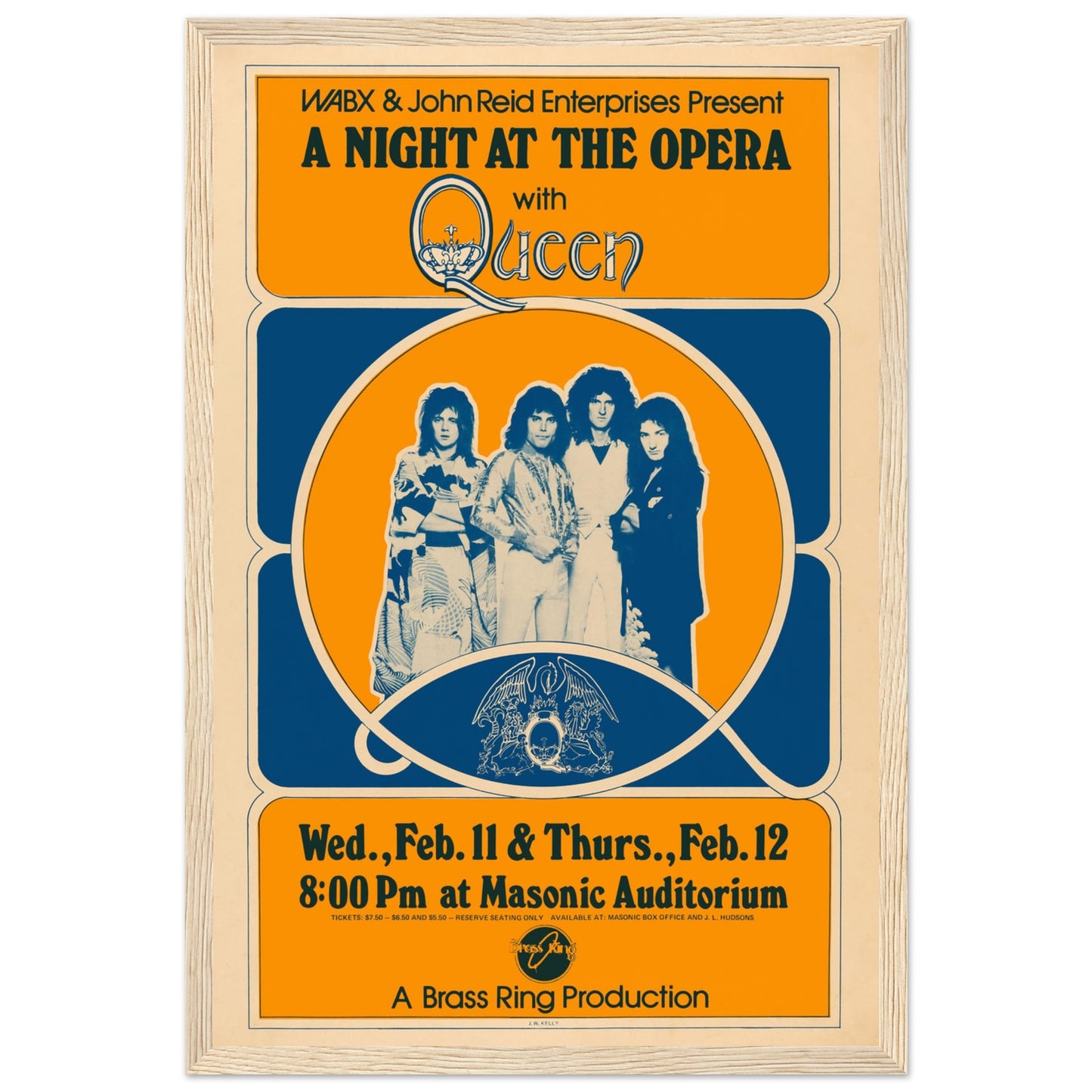 Queen live at Masonic Auditorium poster promoting A Night at the Opera tour — authentic vintage music poster design.