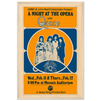 Queen live at Masonic Auditorium poster promoting A Night at the Opera tour — authentic vintage music poster design.