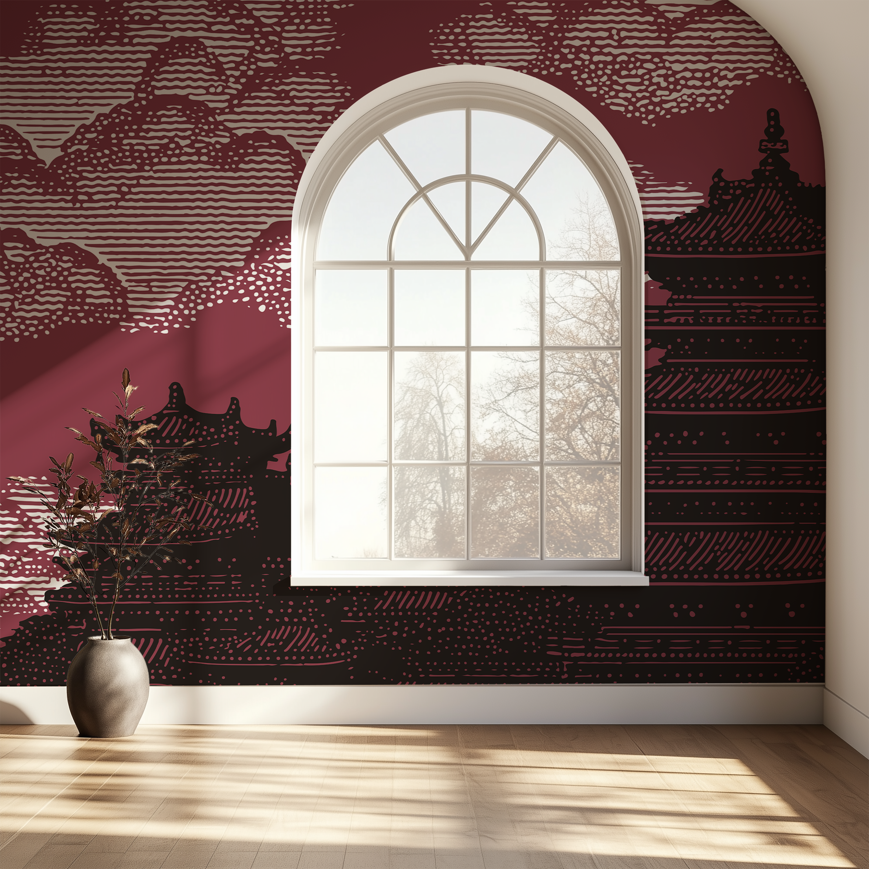 Red Asian-inspired wallpaper with traditional architectural silhouettes