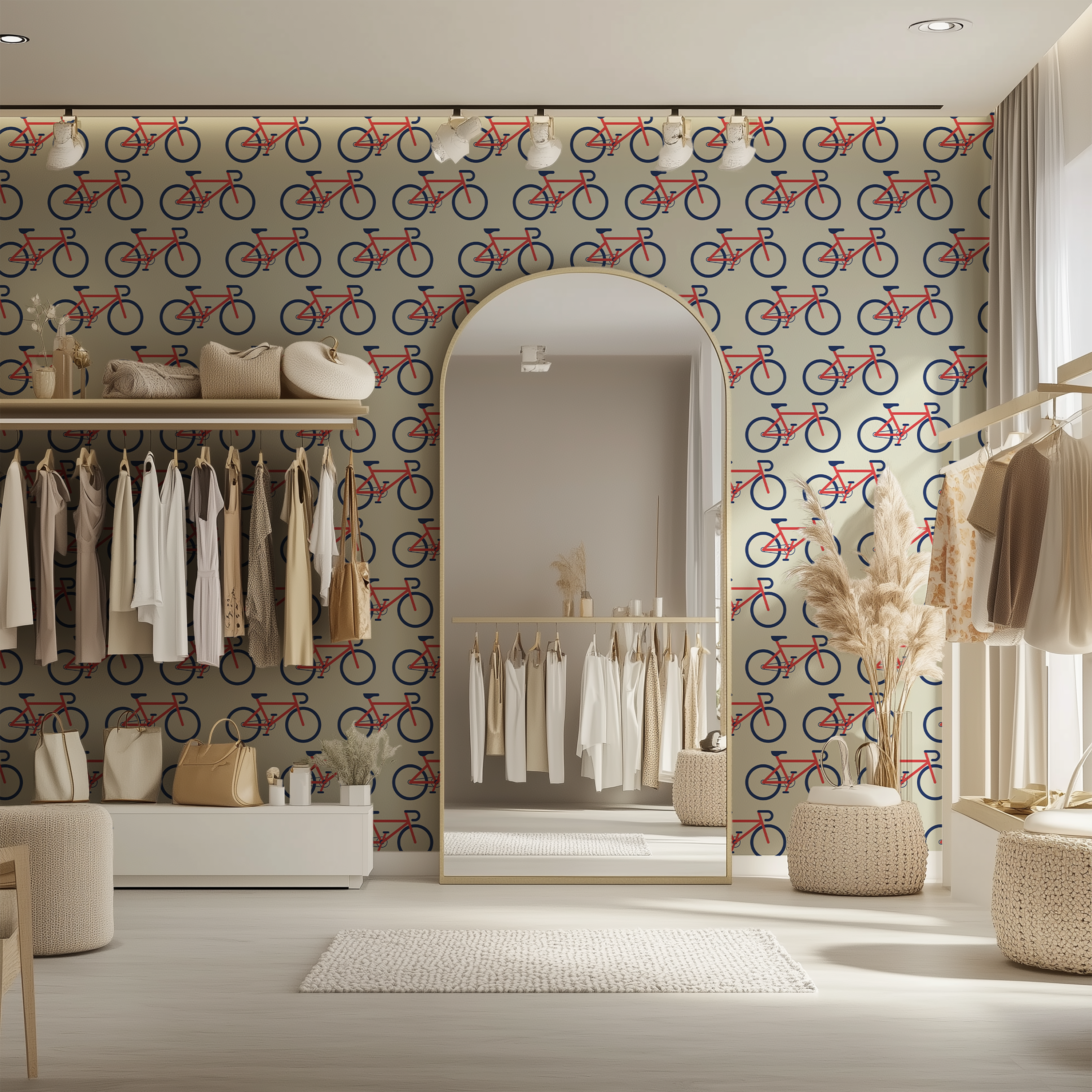Red bicycle pattern wallpaper on a warm cream background