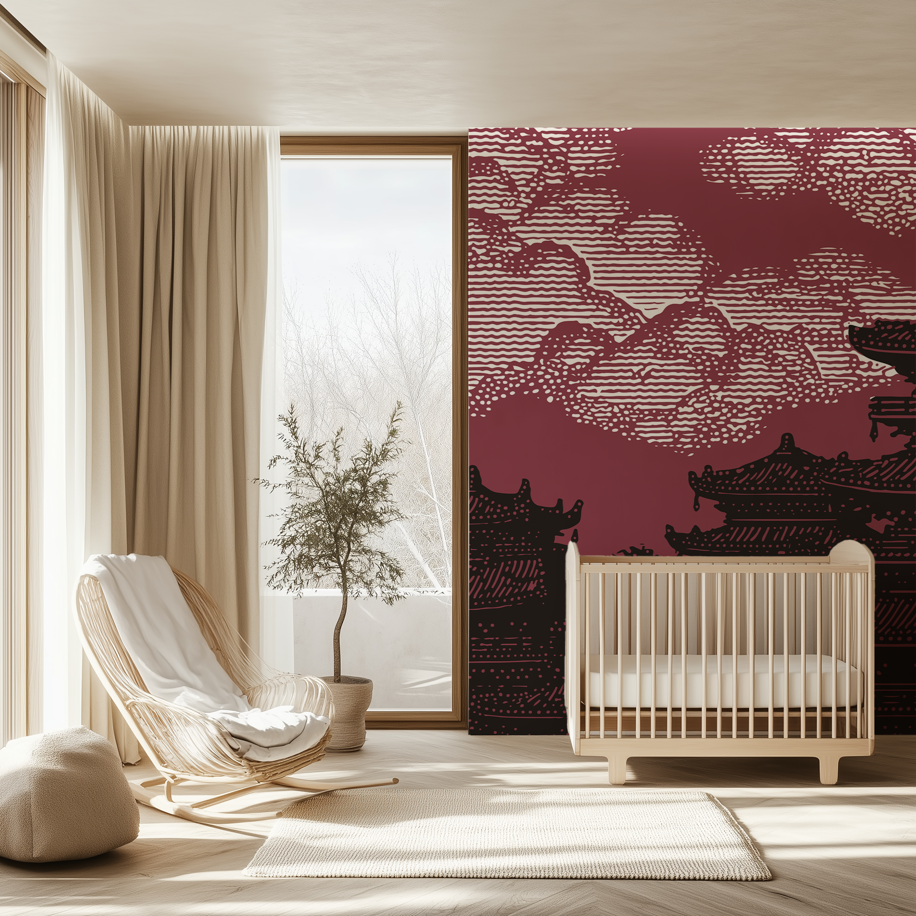 Red Japanese pagoda wallpaper with traditional architecture and stylized clouds