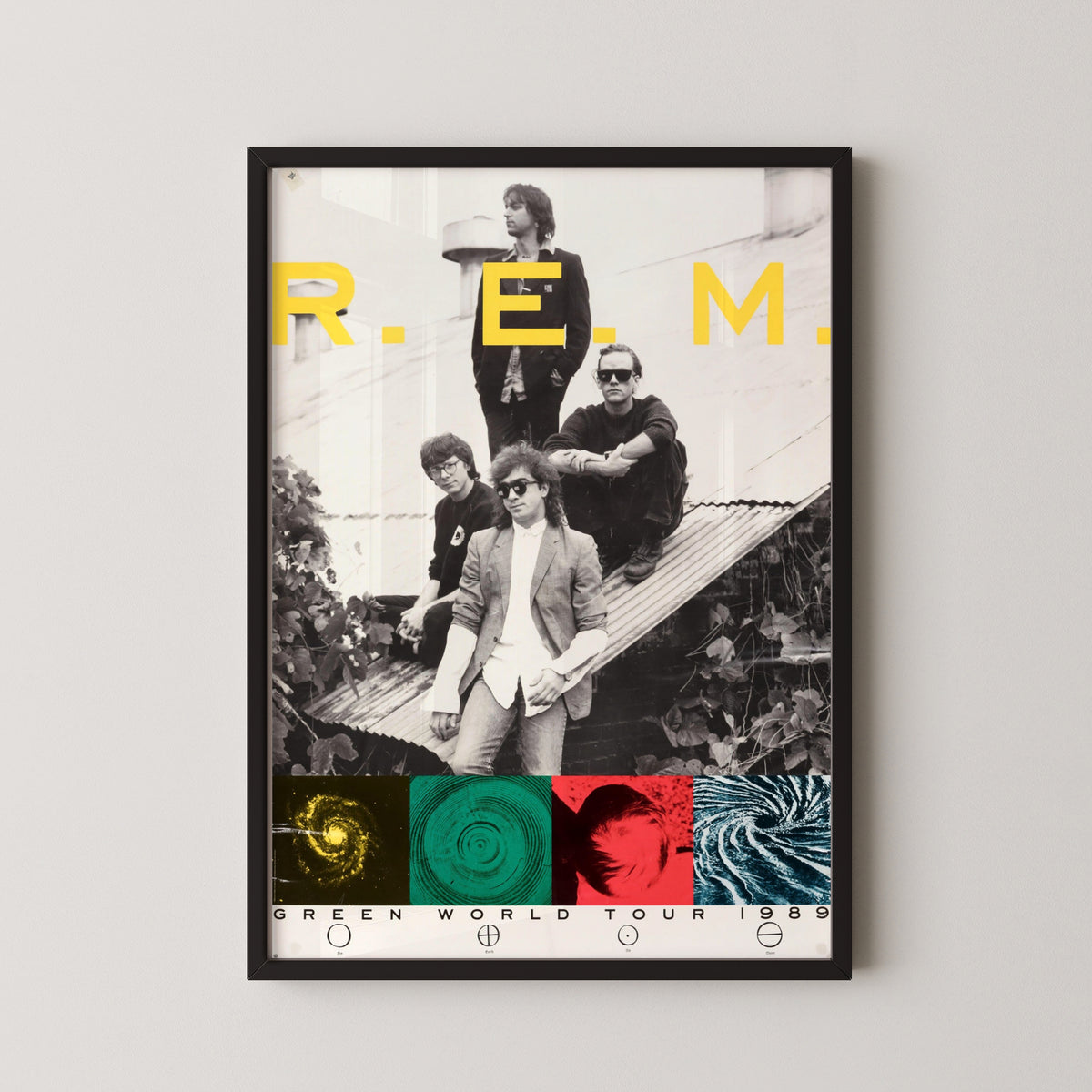 rem green world tour poster – black frame mockup